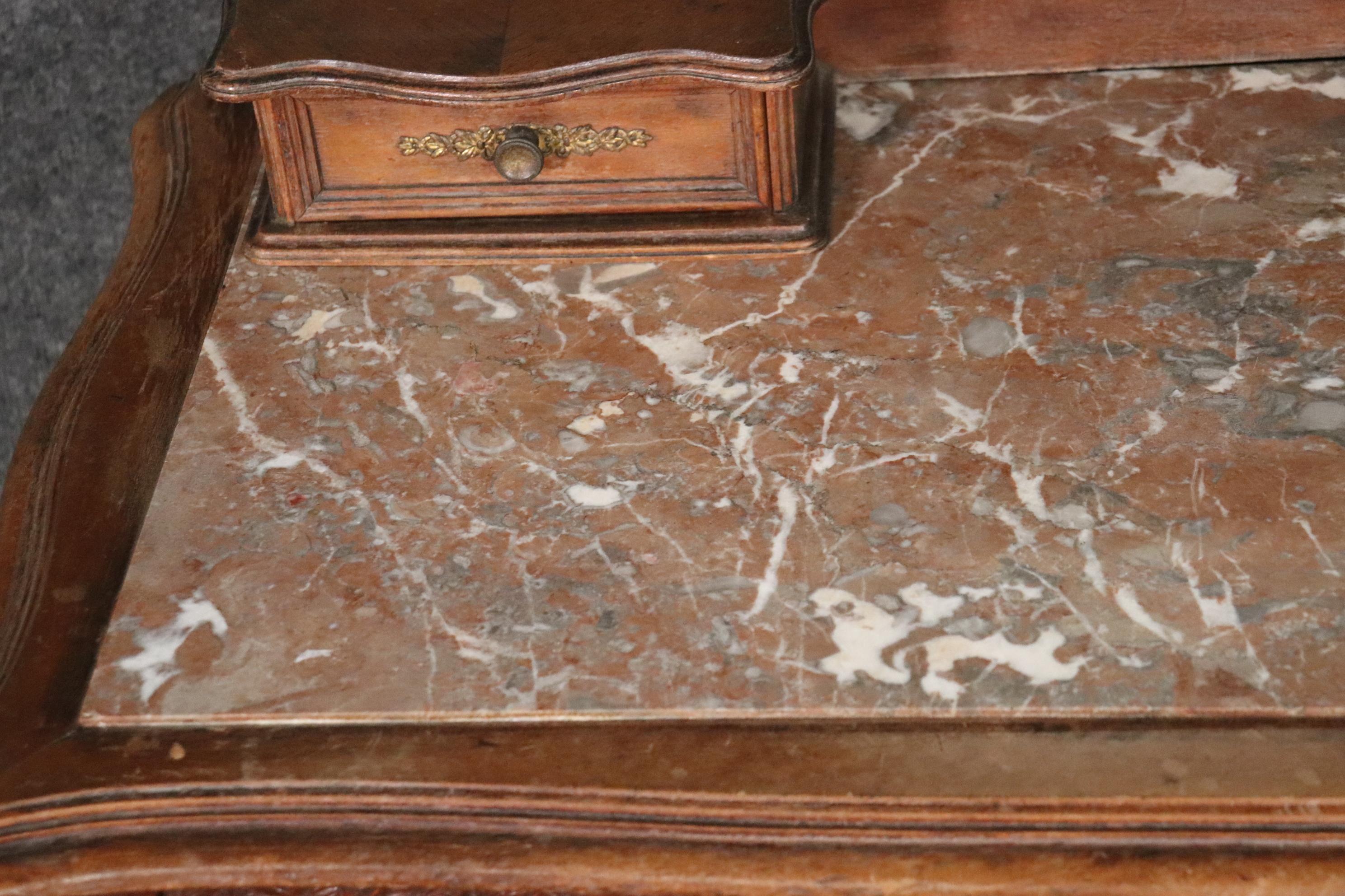 Carved French Hairpin Top Louis XV Walnut Marble Top Ladies Vanity Circa 1890s 16