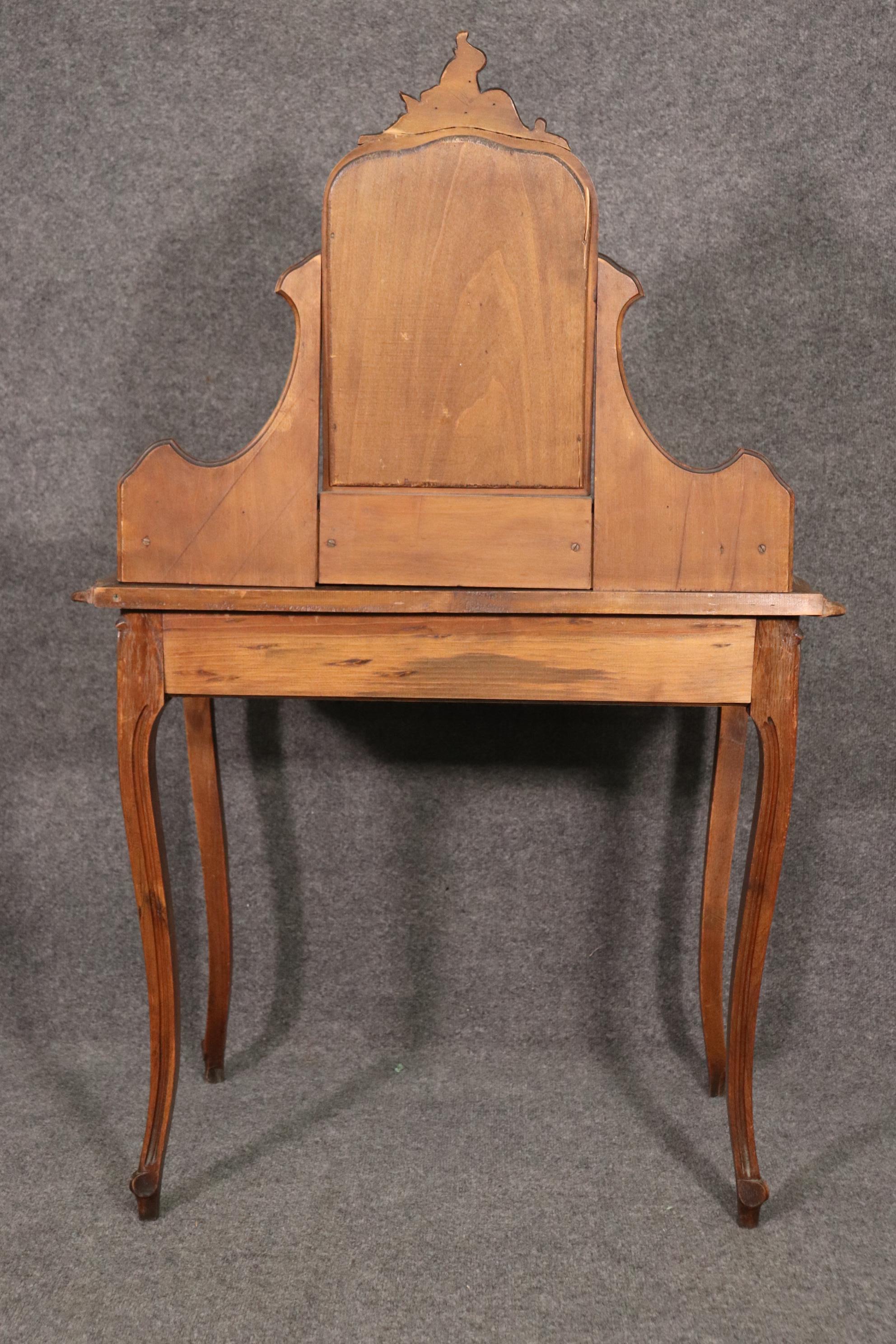 Carved French Hairpin Top Louis XV Walnut Marble Top Ladies Vanity Circa 1890s 1