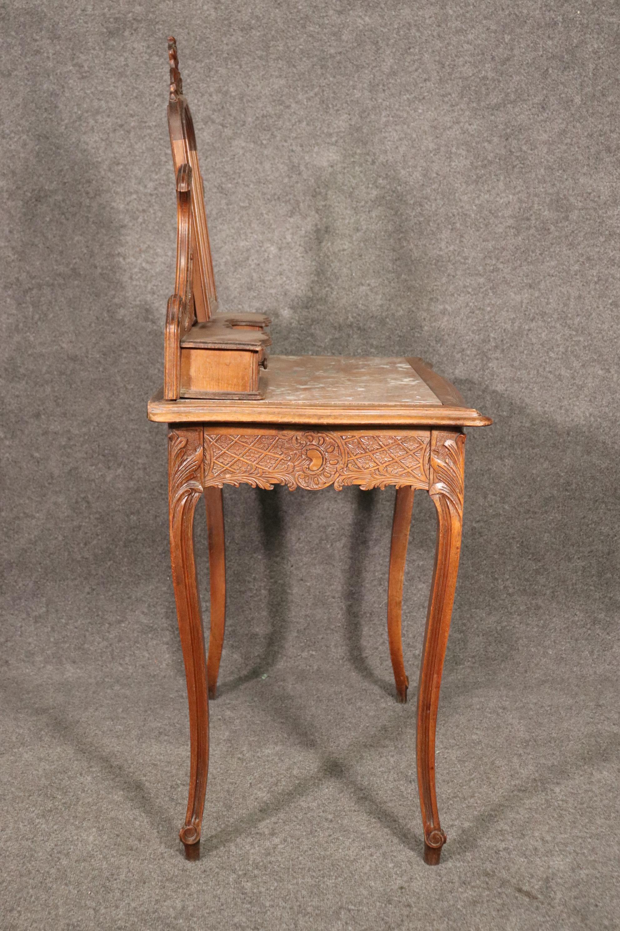 Carved French Hairpin Top Louis XV Walnut Marble Top Ladies Vanity Circa 1890s 2