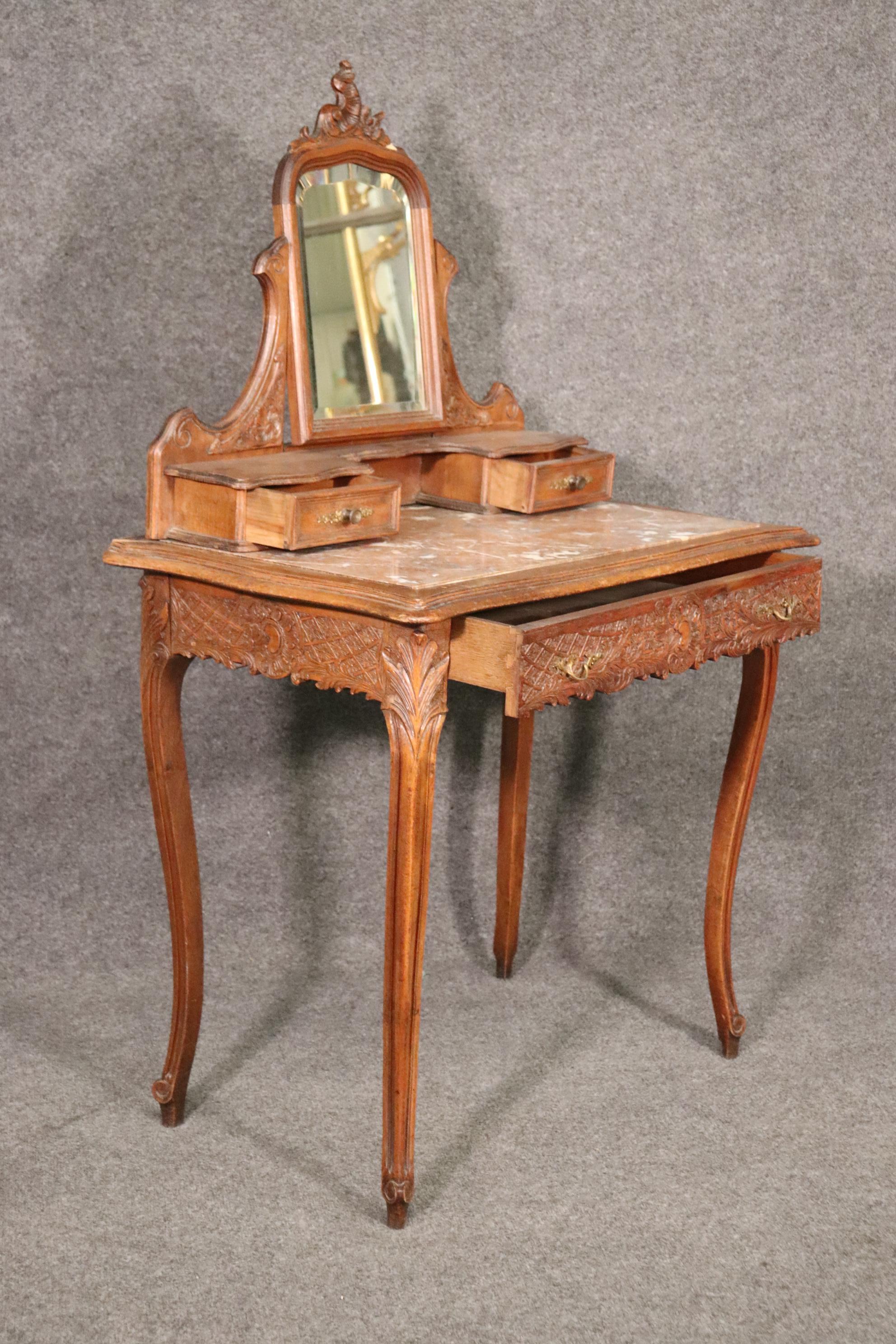Carved French Hairpin Top Louis XV Walnut Marble Top Ladies Vanity Circa 1890s 3