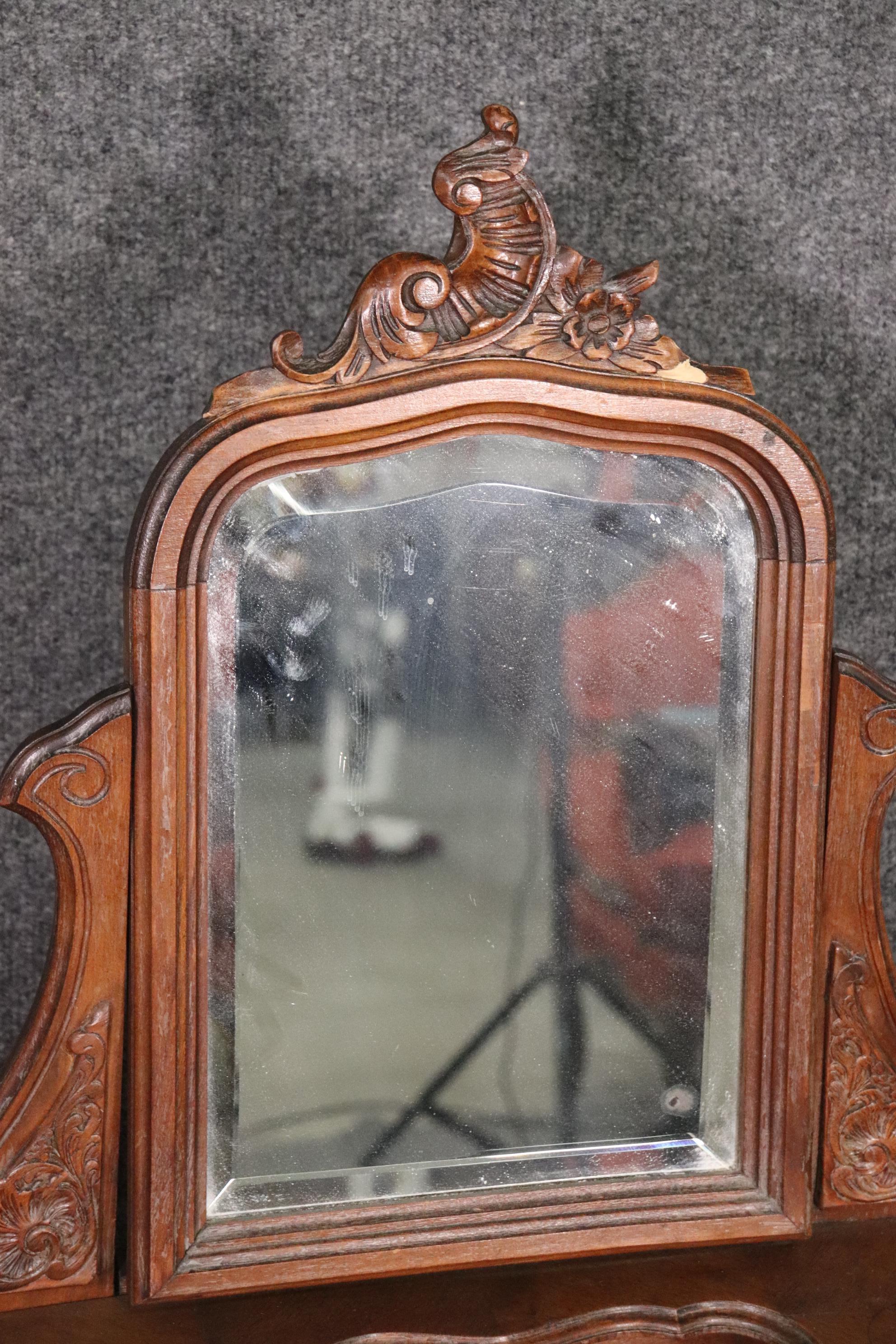 Carved French Hairpin Top Louis XV Walnut Marble Top Ladies Vanity Circa 1890s 5