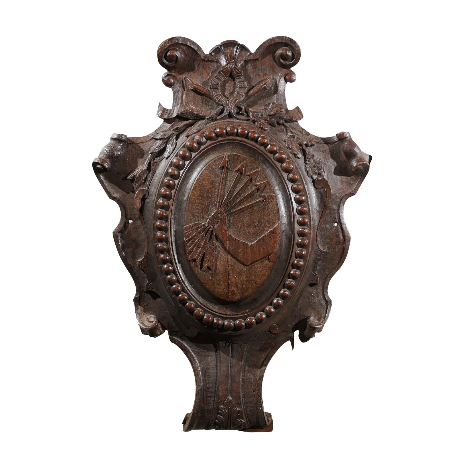 Carved French House of Rothschild Coat of Arms Wooden Cartouche with Five Arrows