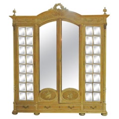 Carved French Louis XV Mirrored Inlaid Pine Armoire Wardrobe Circa 1880