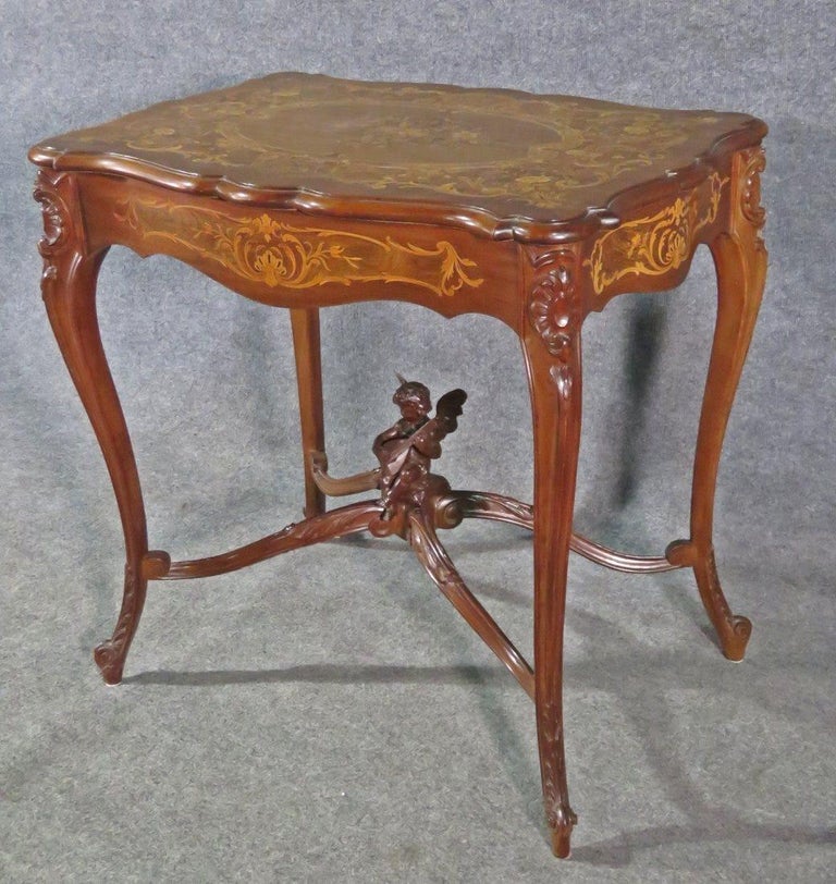 Satinwood Carved French Louis XV Puttu Cherub Inlaid Center Hall Table Attr. RJ Horner For Sale