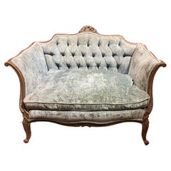 Carved French Louis XV Style Walnut and Teal Velvet Settee Canape circa 1940