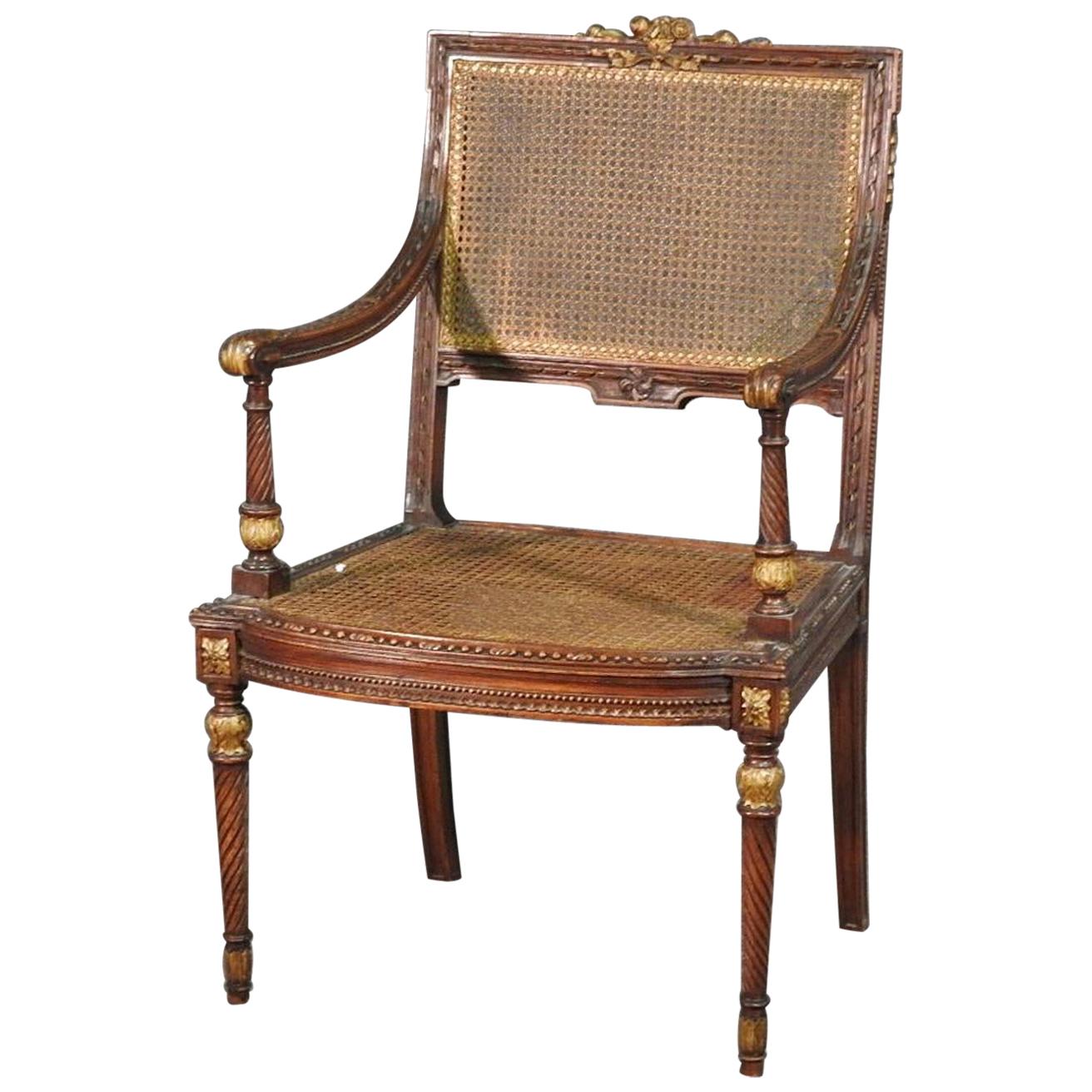 Carved French Louis XVI Cane Back and Seat Gilded Walnut Fauteuil Armchair
