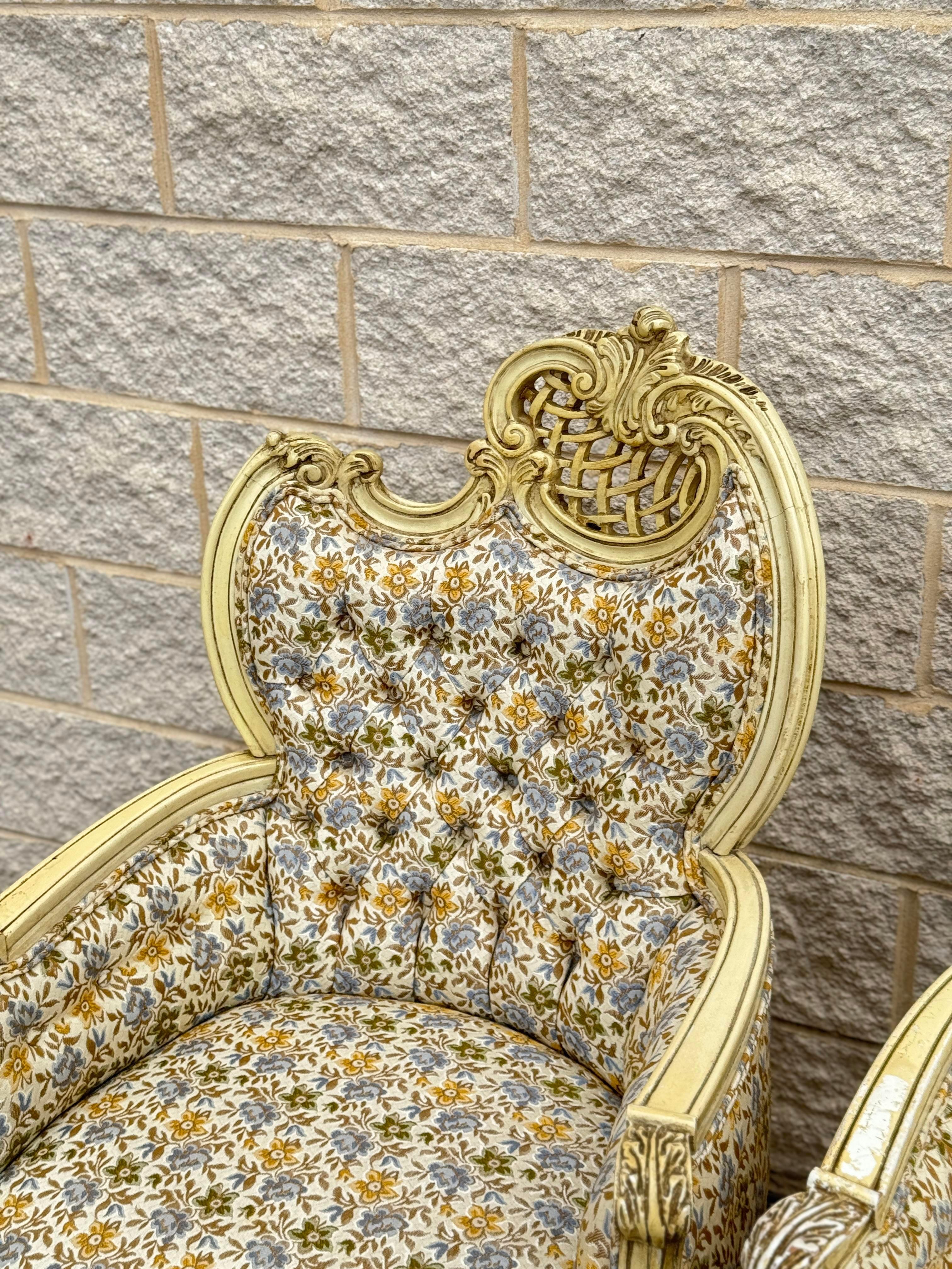 Unknown Carved French Louis XVI Style Bergere Armchairs With Floral Upholstery For Sale