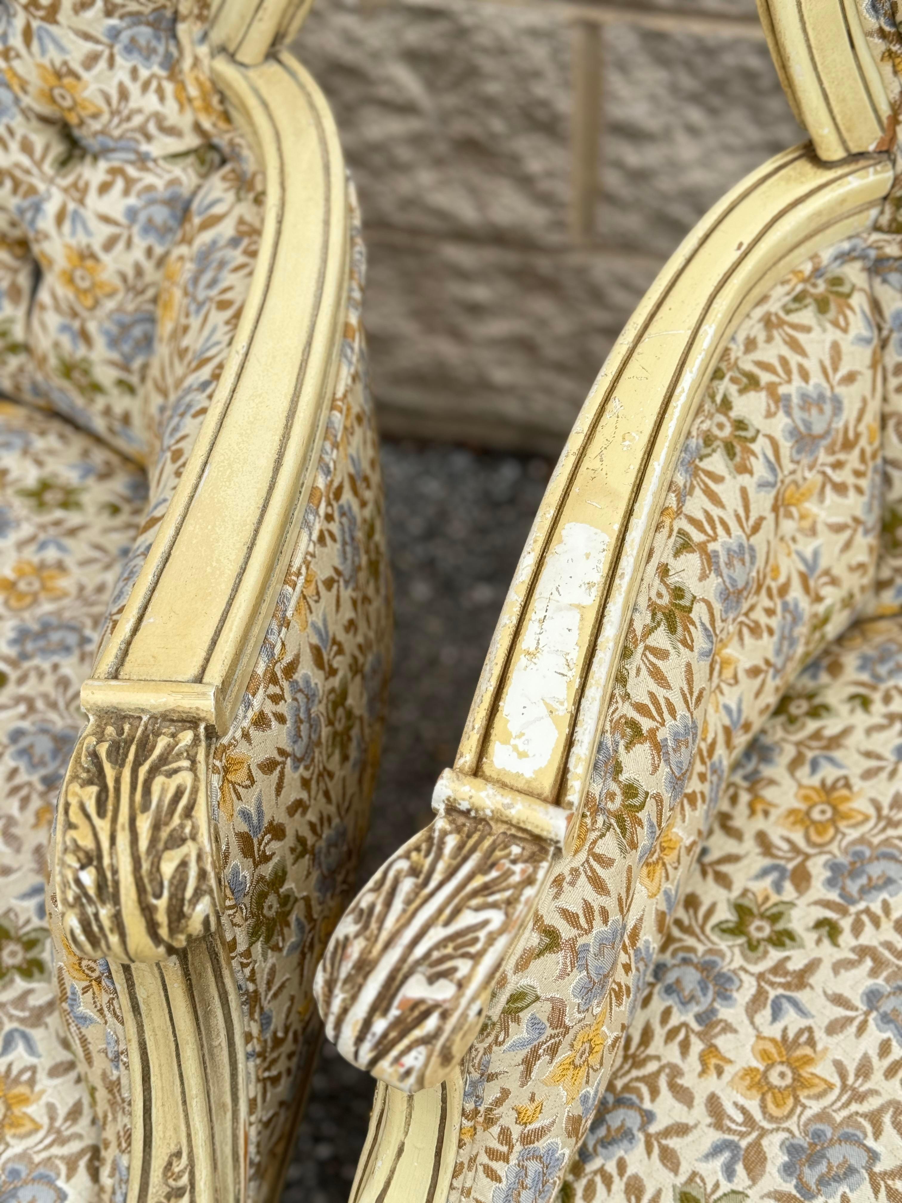 Carved French Louis XVI Style Bergere Armchairs With Floral Upholstery In Good Condition For Sale In Elkton, MD