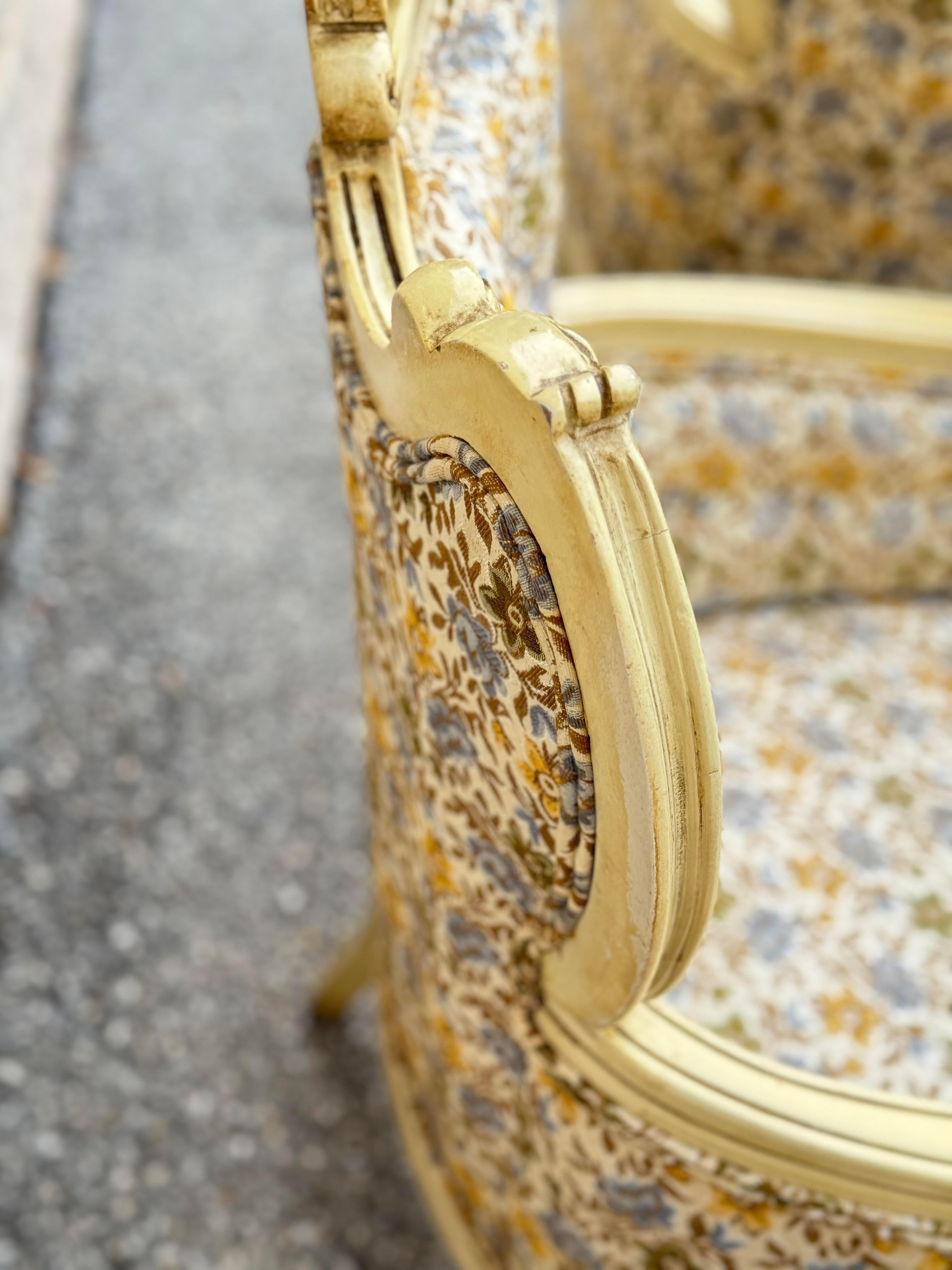 20th Century Carved French Louis XVI Style Bergere Armchairs With Floral Upholstery For Sale