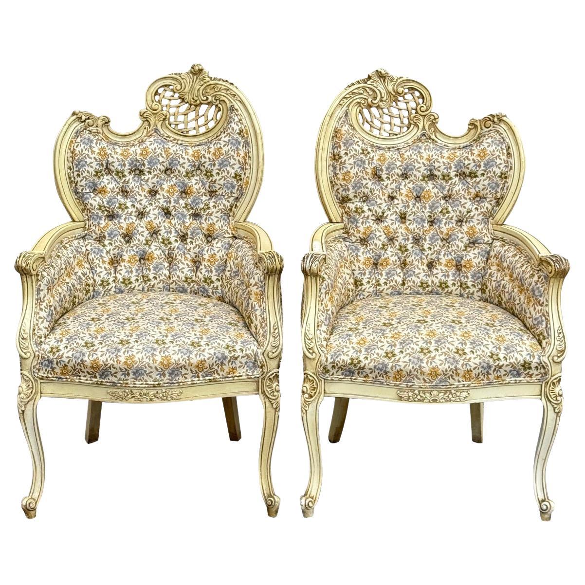 Carved French Louis XVI Style Bergere Armchairs With Floral Upholstery