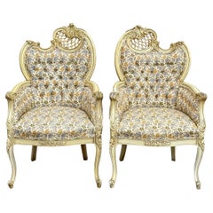 Carved French Louis XVI Style Bergere Armchairs With Floral Upholstery