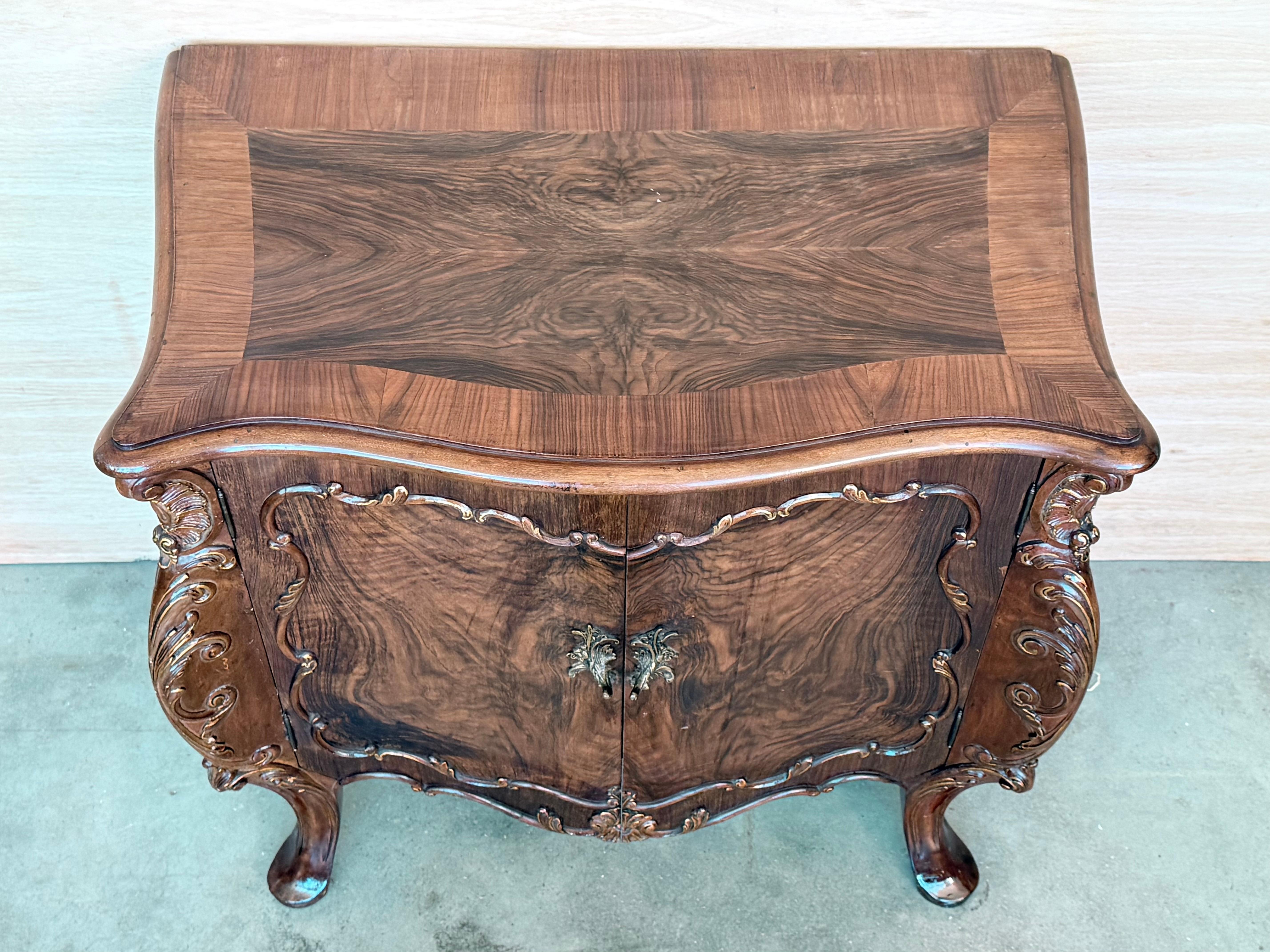 Français Carved French Nightstands or Commodes with doors Burl Walnut, 1930s, Set of 2 en vente