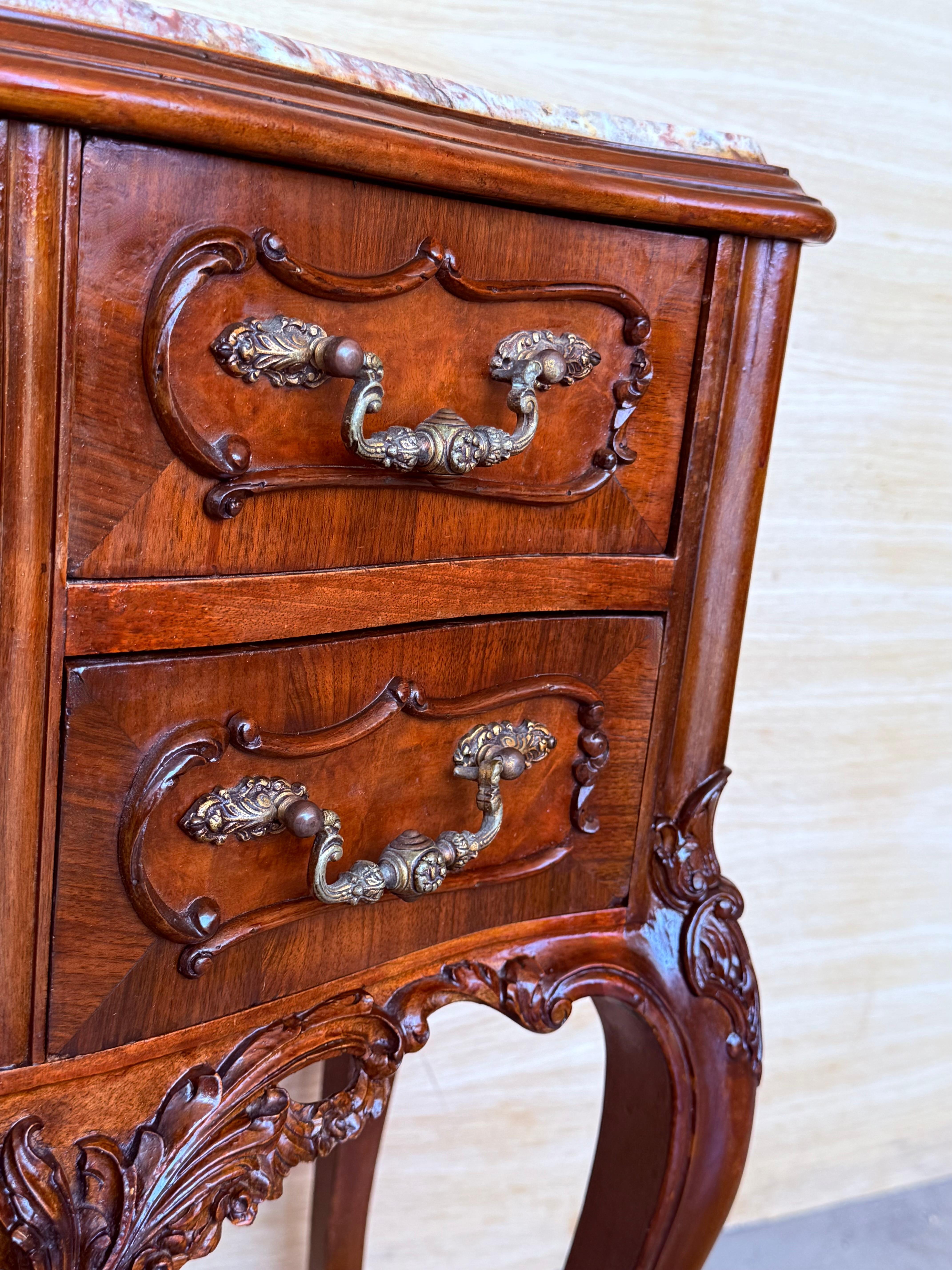 Carved French Nightstands with doors and Marble Top, 1930s, Set of 2 For Sale 6