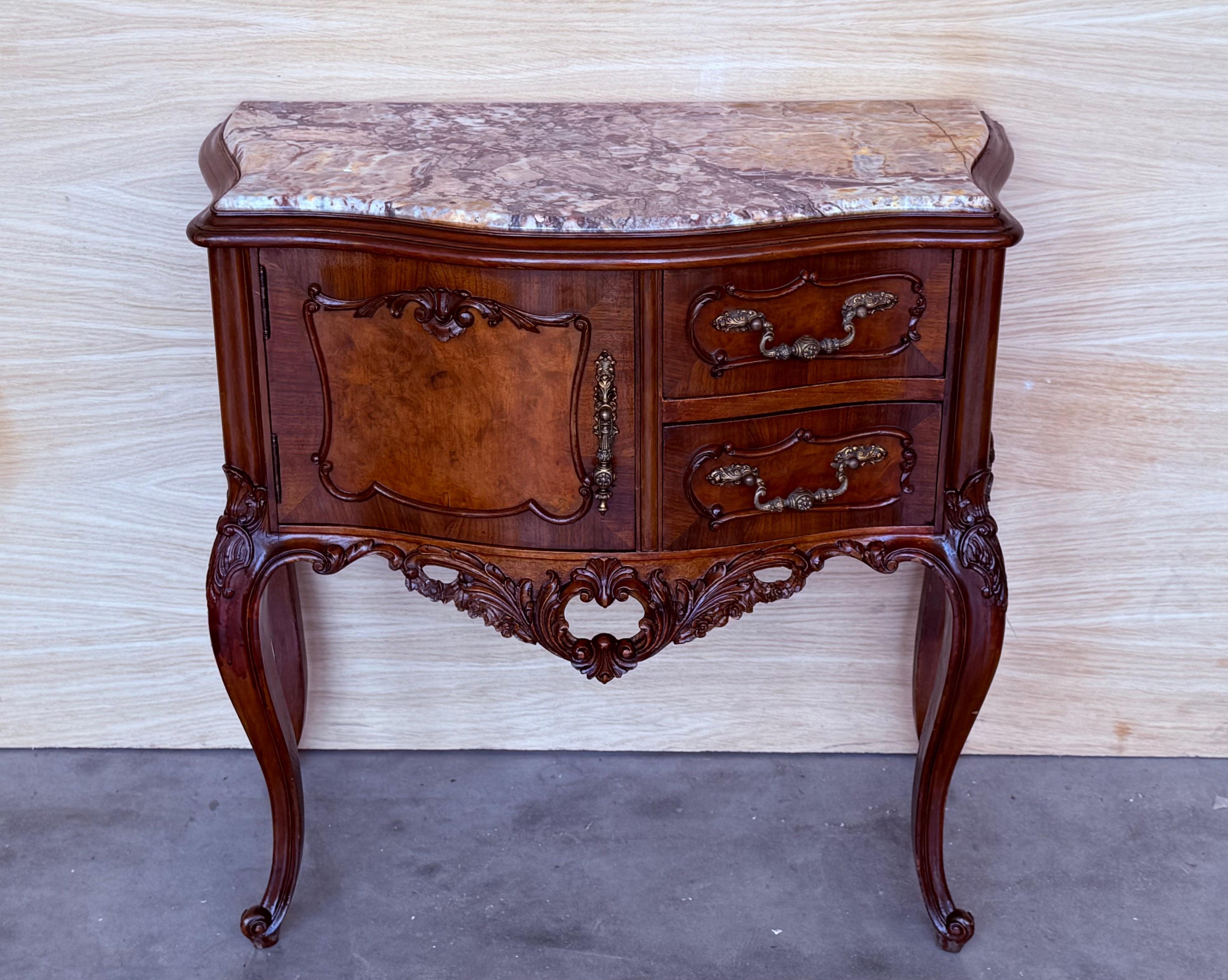 Mid-Century Modern Carved French Nightstands with doors and Marble Top, 1930s, Set of 2 For Sale