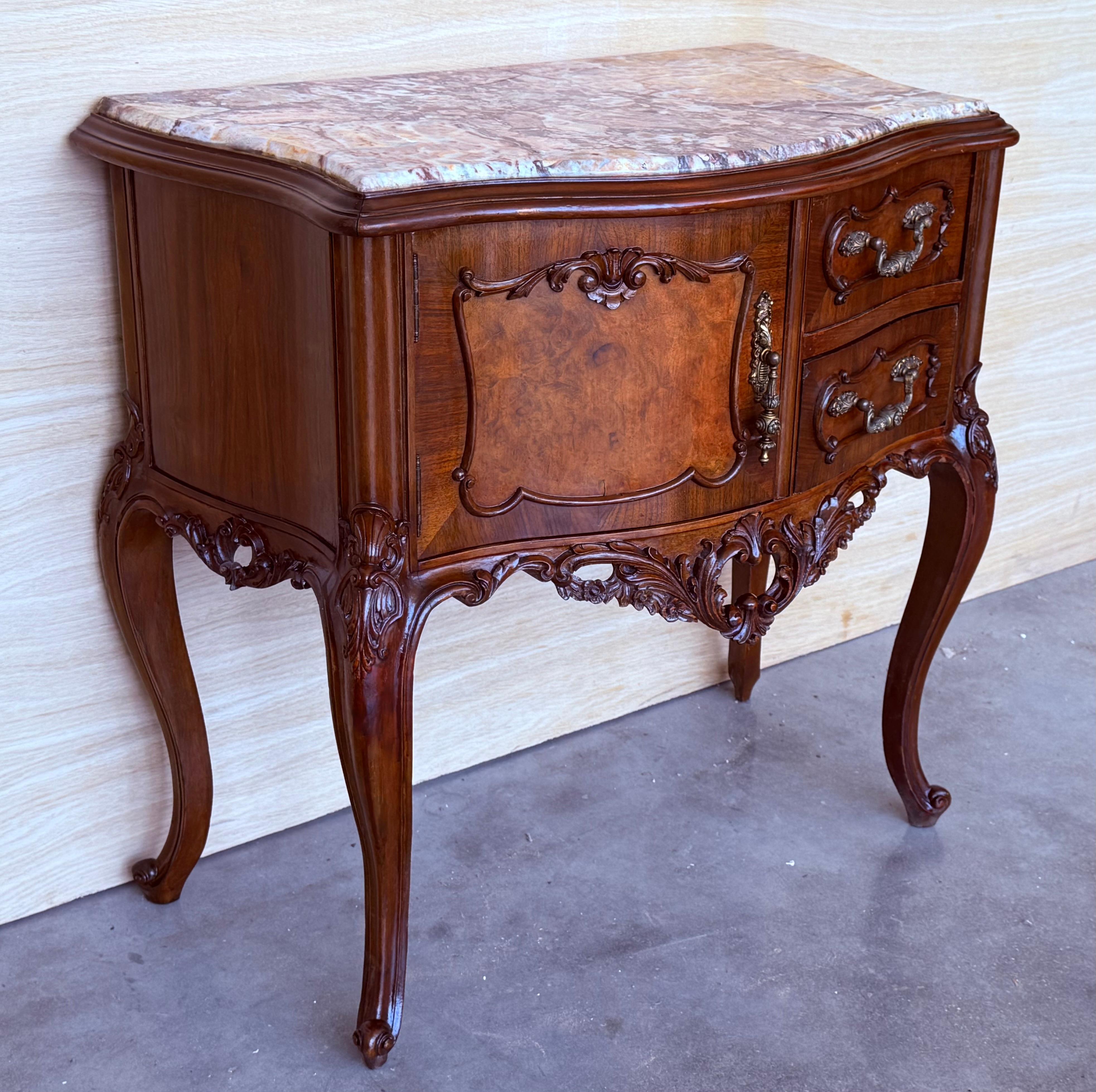 20th Century Carved French Nightstands with doors and Marble Top, 1930s, Set of 2 For Sale