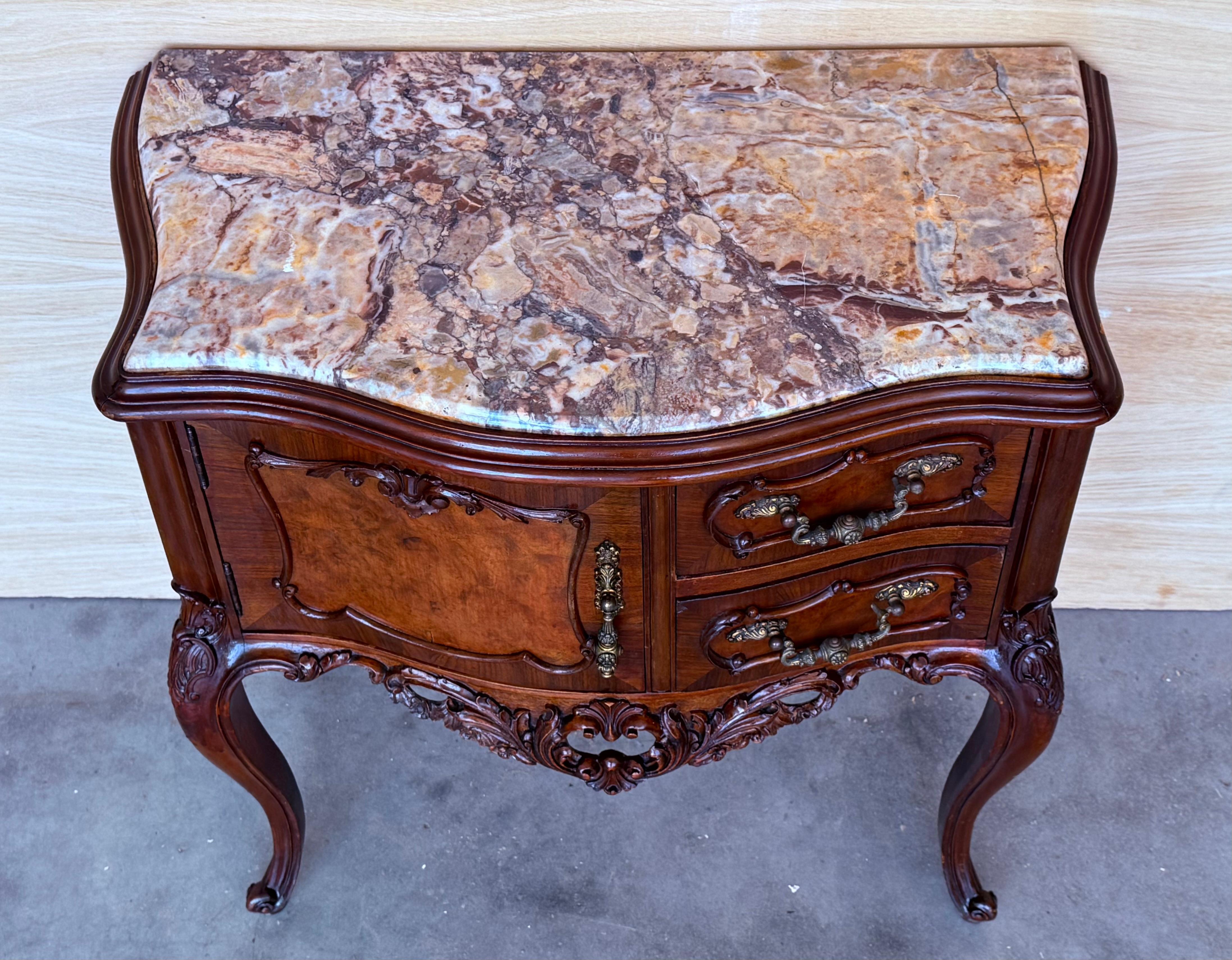 Walnut Carved French Nightstands with doors and Marble Top, 1930s, Set of 2 For Sale