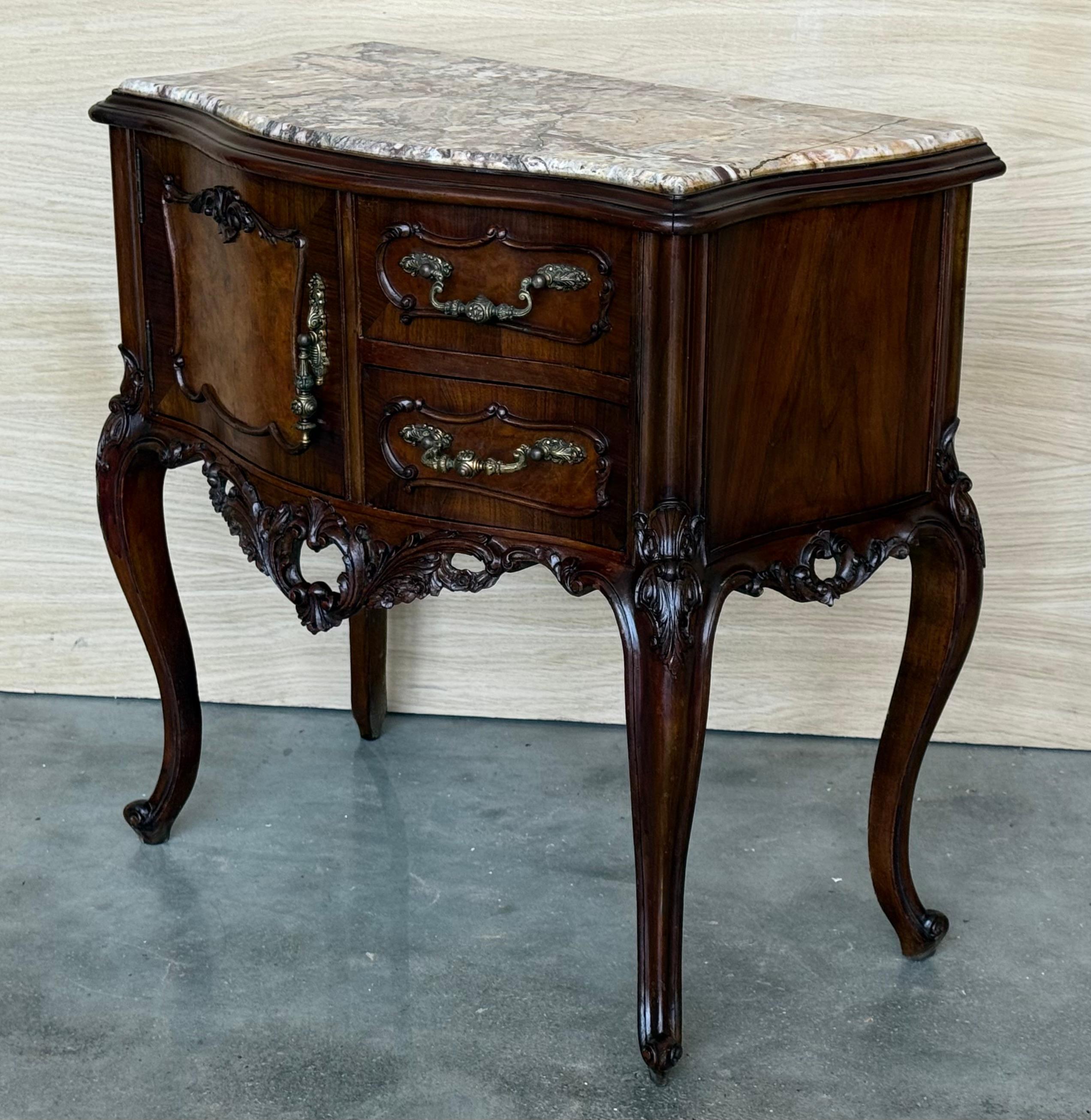 Carved French Nightstands with doors and Marble Top, 1930s, Set of 2 For Sale 1