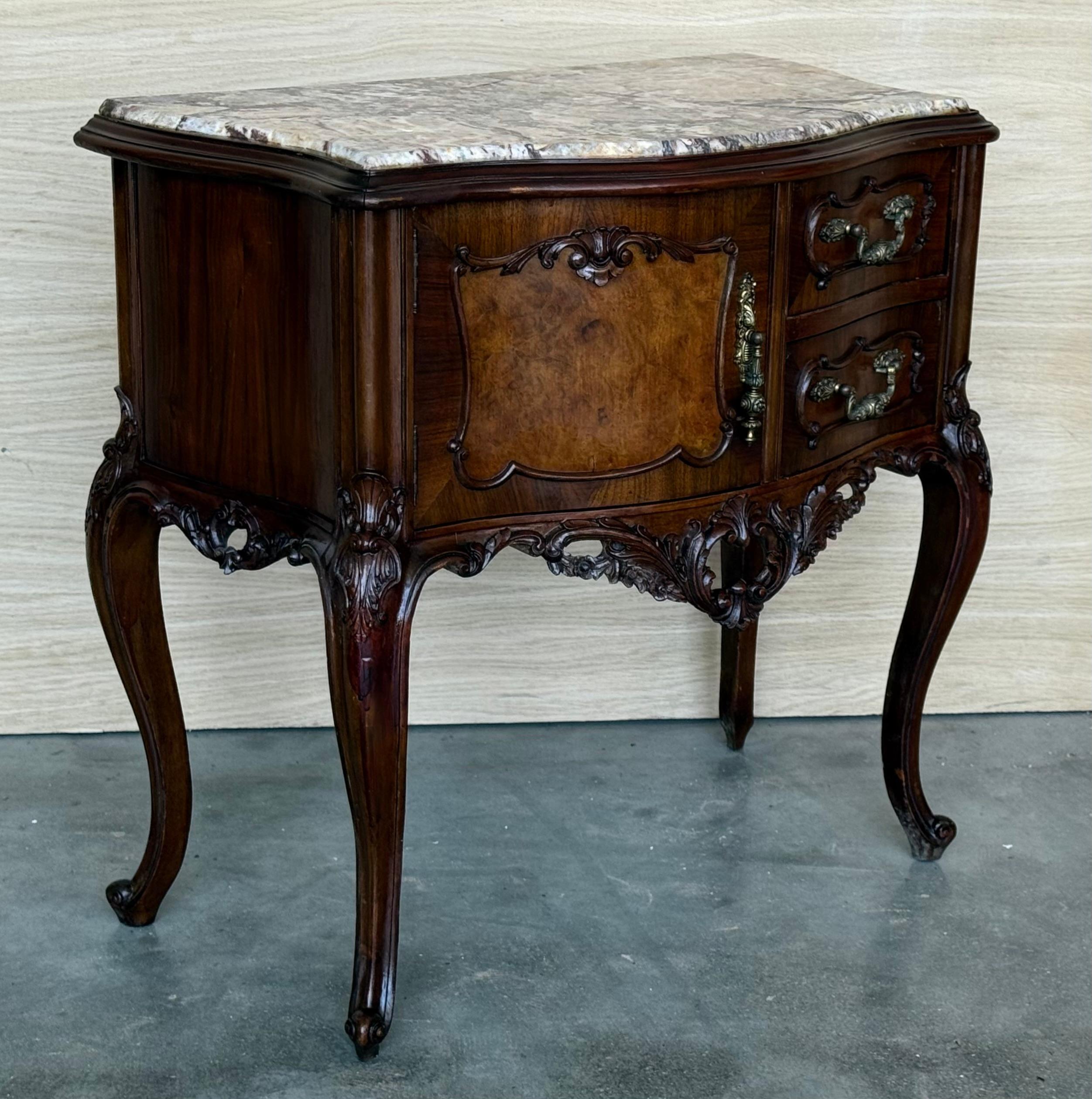Carved French Nightstands with doors and Marble Top, 1930s, Set of 2 For Sale 2
