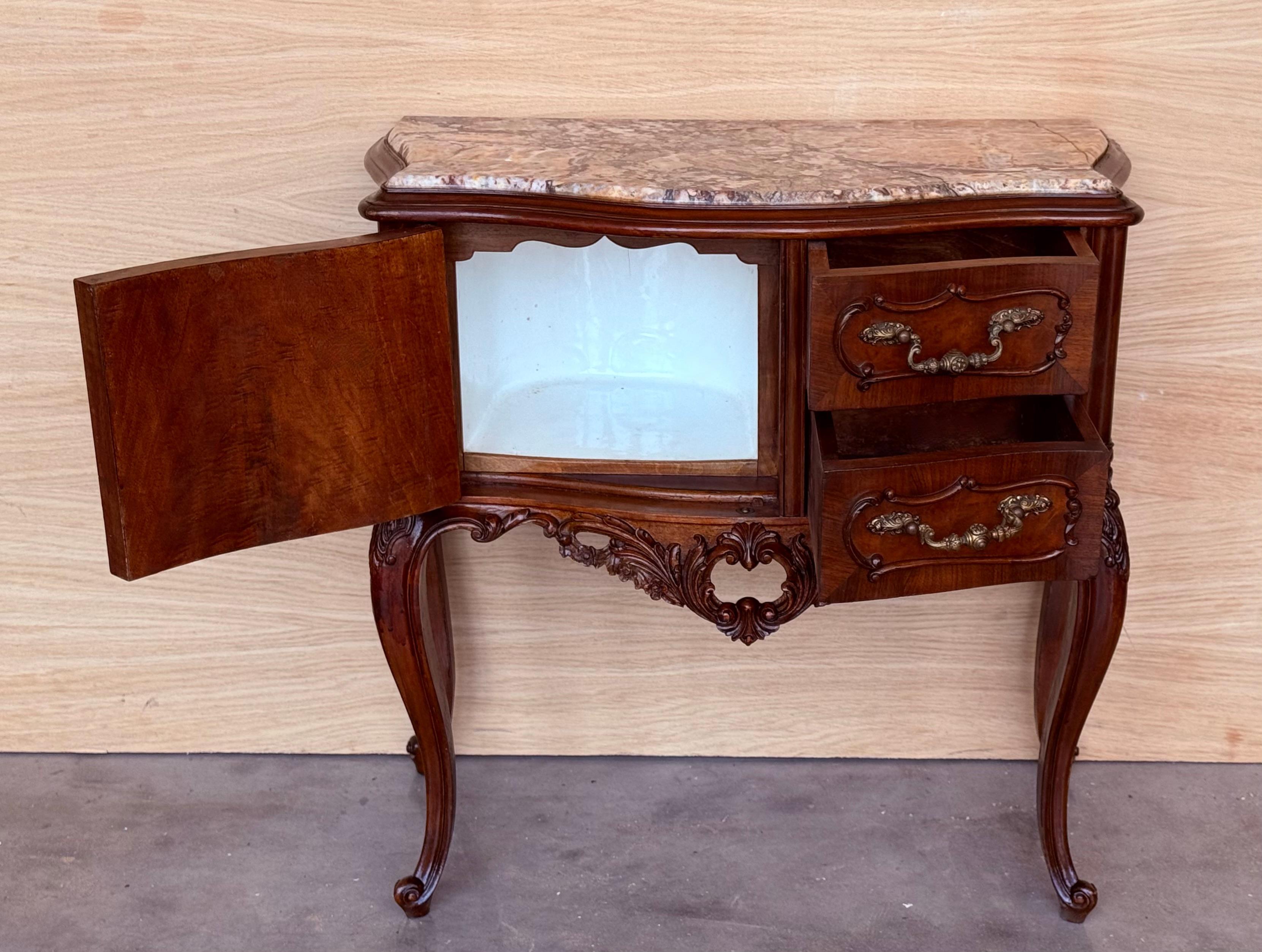 Carved French Nightstands with doors and Marble Top, 1930s, Set of 2 For Sale 3