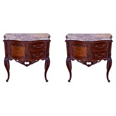 Carved French Nightstands with doors and Marble Top, 1930s, Set of 2