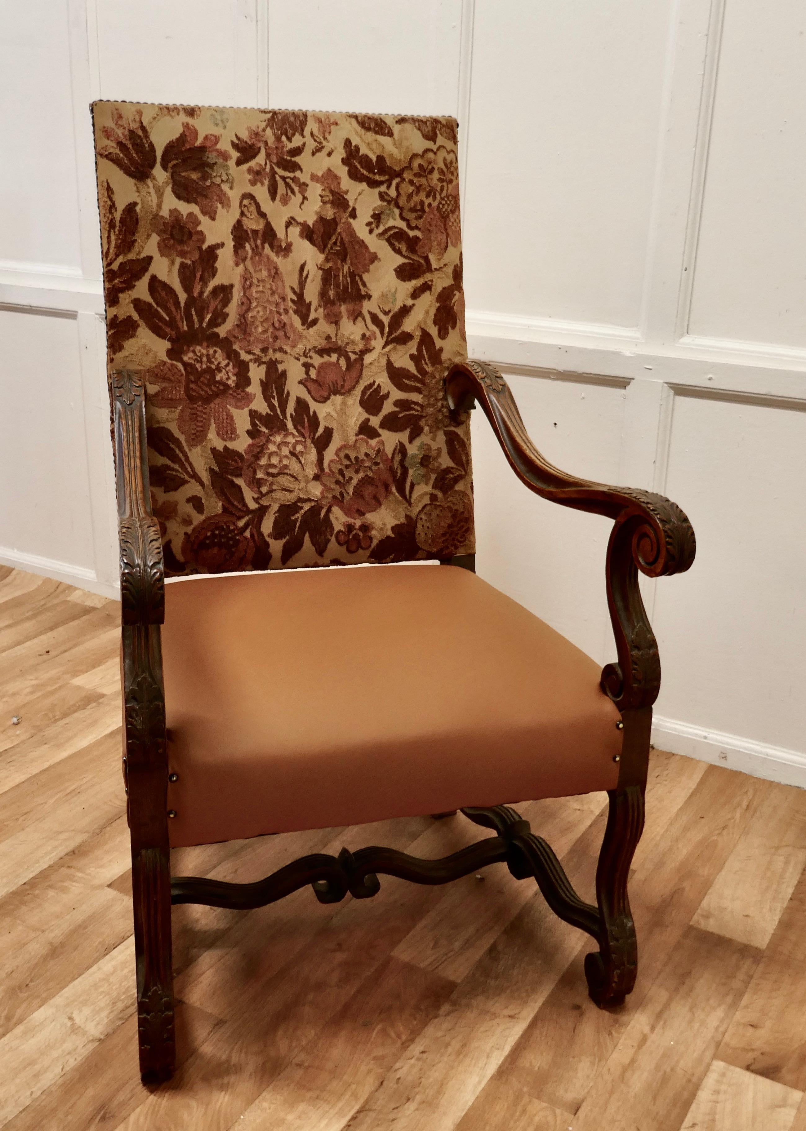 Carved French Oak Salon Throne Chair, Original Pictorial Upholstery For Sale 4