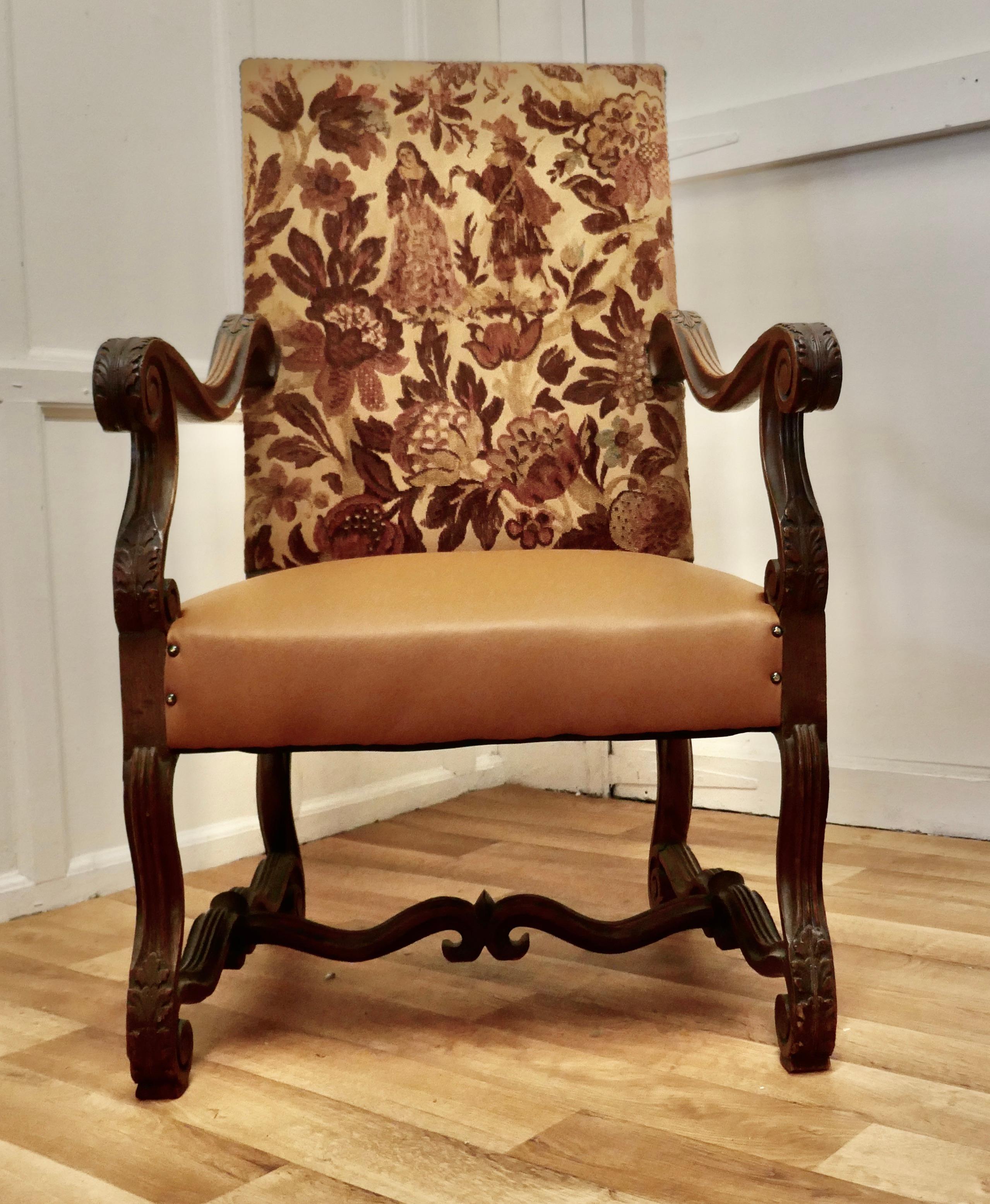 Carved French Oak Salon Throne Chair, Original Pictorial Upholstery For Sale 5
