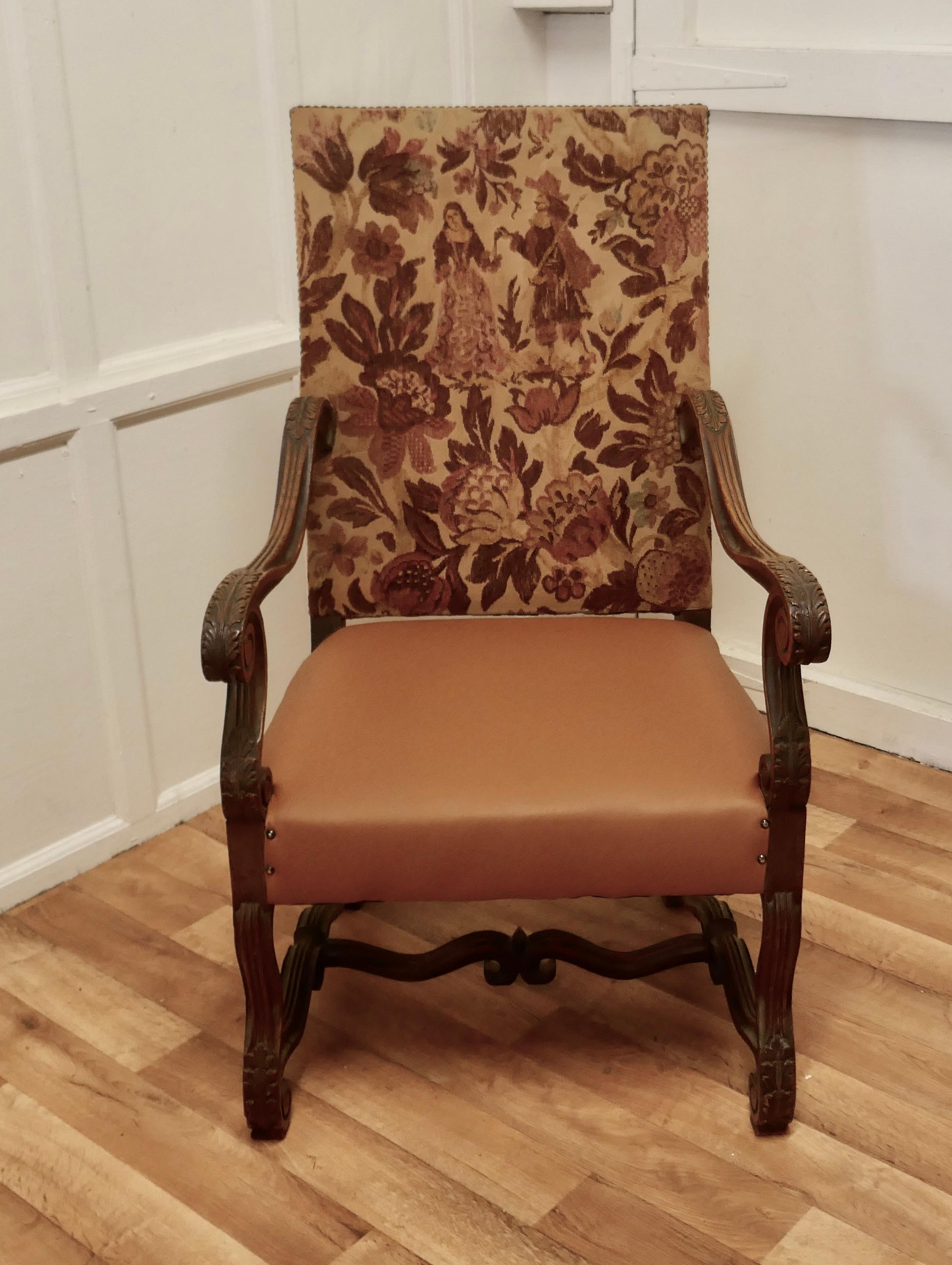 Fauteuil trône de salon en chêne français sculpté, tissu d'ameublement graphique original en vente 6