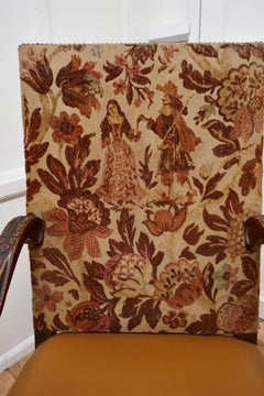 Carved French Oak Salon Throne Chair, Original Pictorial Upholstery