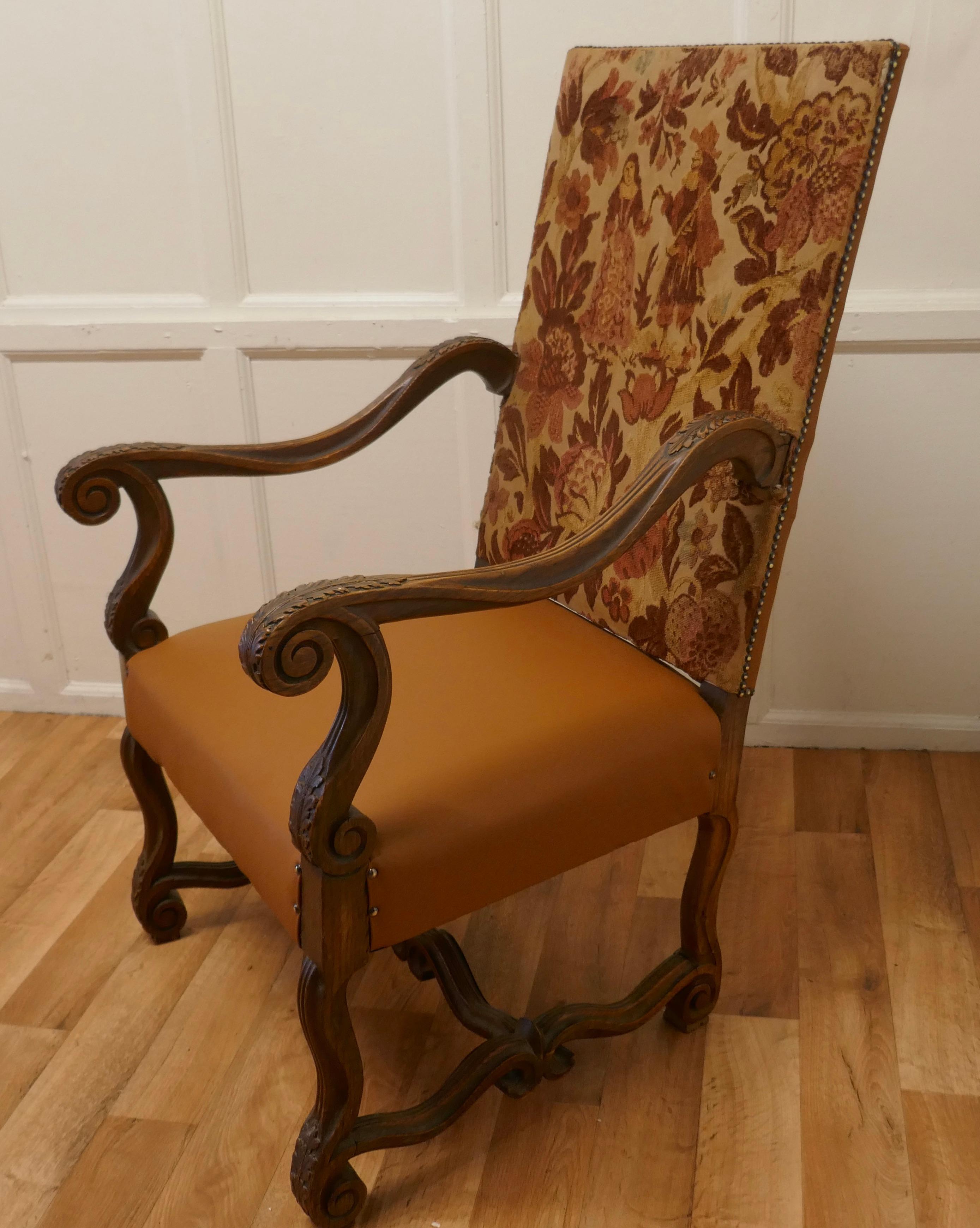 Napoleon III Carved French Oak Salon Throne Chair, Original Pictorial Upholstery For Sale