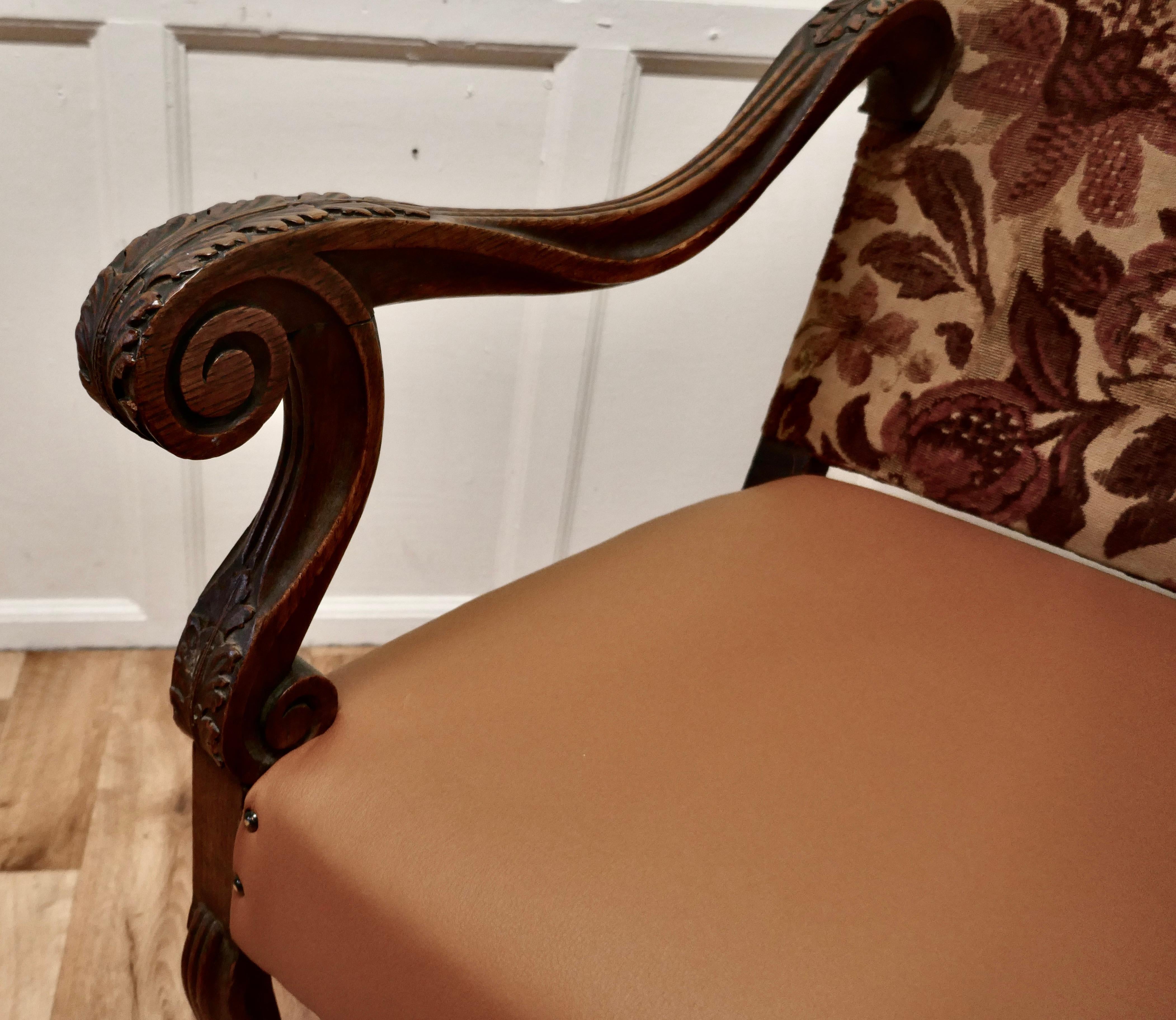 Chêne Fauteuil trône de salon en chêne français sculpté, tissu d'ameublement graphique original en vente