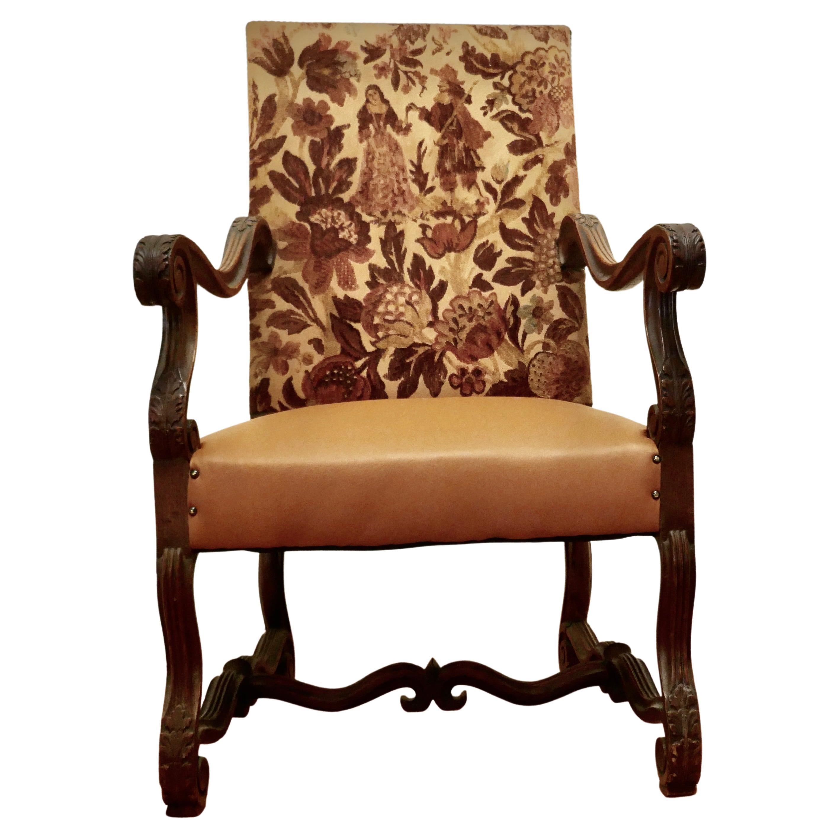 Fauteuil trône de salon en chêne français sculpté, tissu d'ameublement graphique original