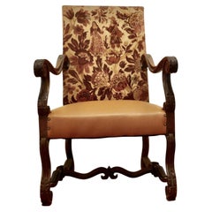 Fauteuil trône de salon en chêne français sculpté, tissu d'ameublement graphique original