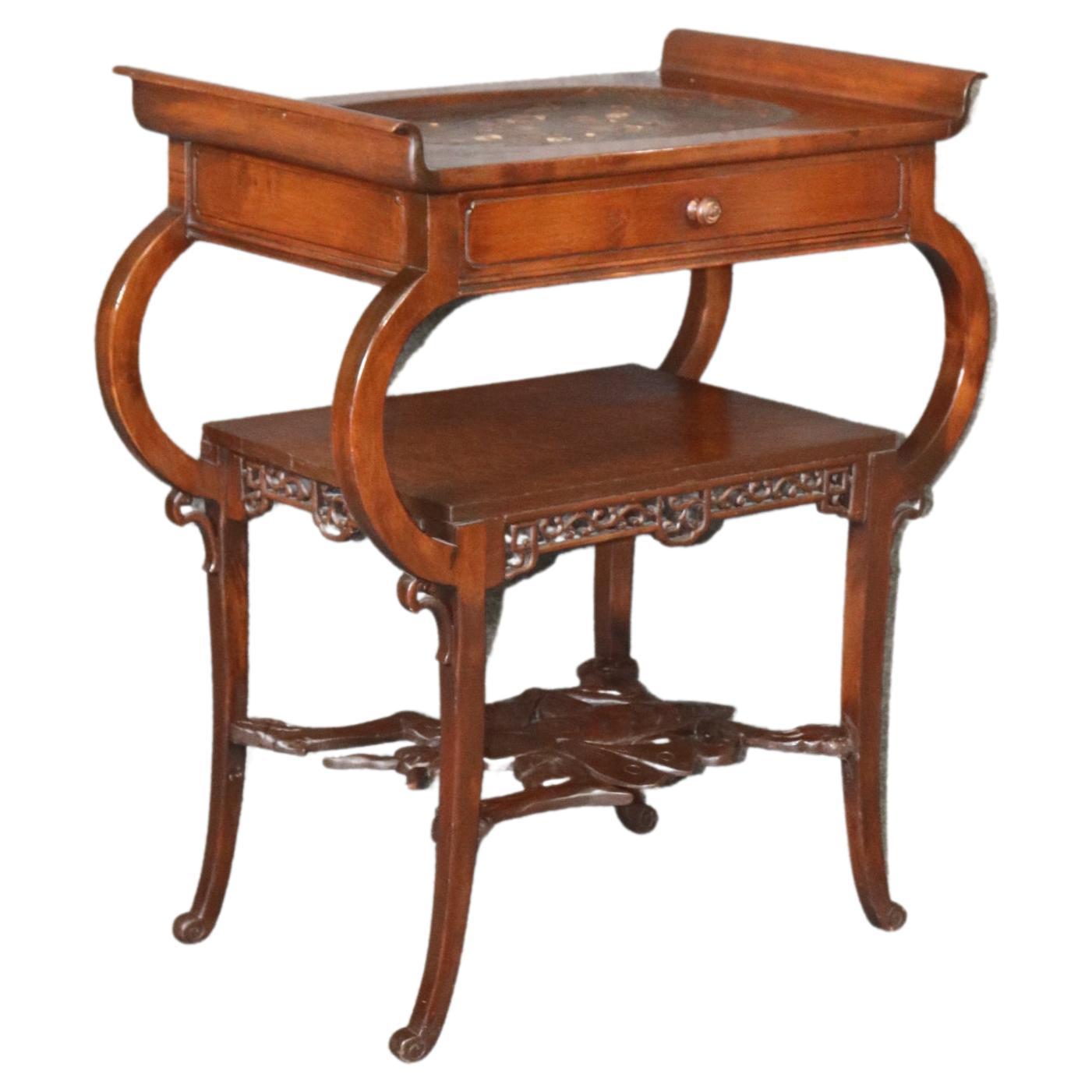 Carved French Oriental Style Two Tier side table in the style of Gabriel Viardot For Sale