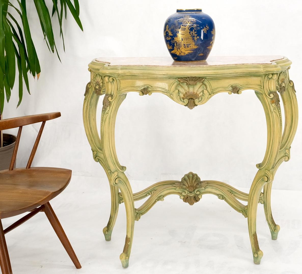 Carved French Regency Paint Decorated Console Table w/ Rouge Pink Marble Top In Good Condition For Sale In Rockaway, NJ