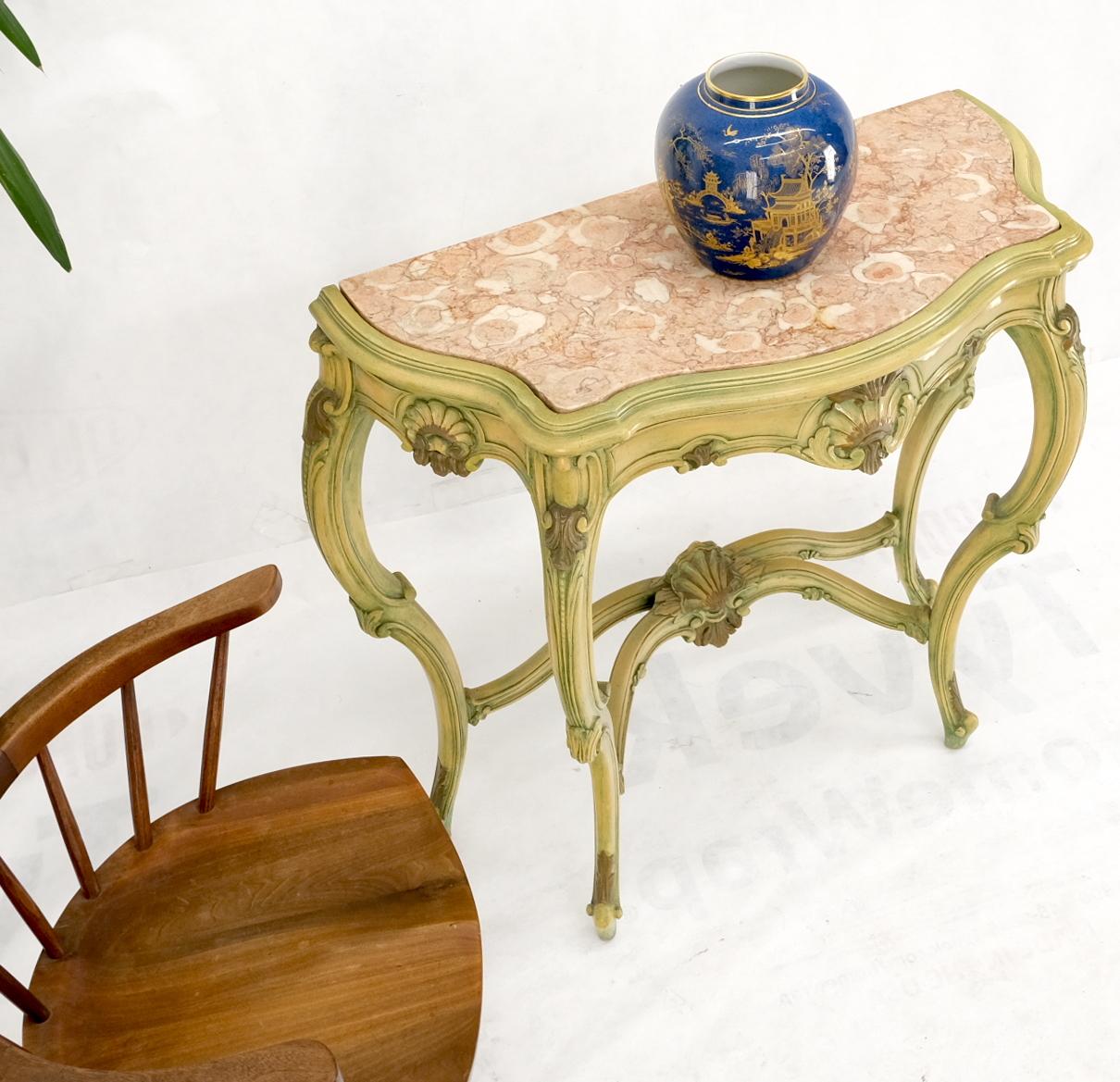 20th Century Carved French Regency Paint Decorated Console Table w/ Rouge Pink Marble Top For Sale