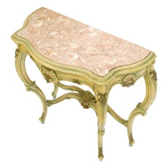 Table console sculptée de style Régence française décorée à la peinture avec plateau en marbre rose rouge