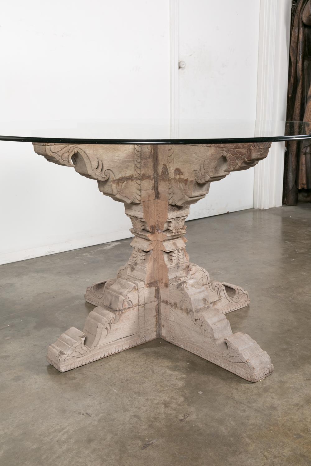 Carved French Renaissance Style Washed Chestnut Table Base with Round Glass Top 2