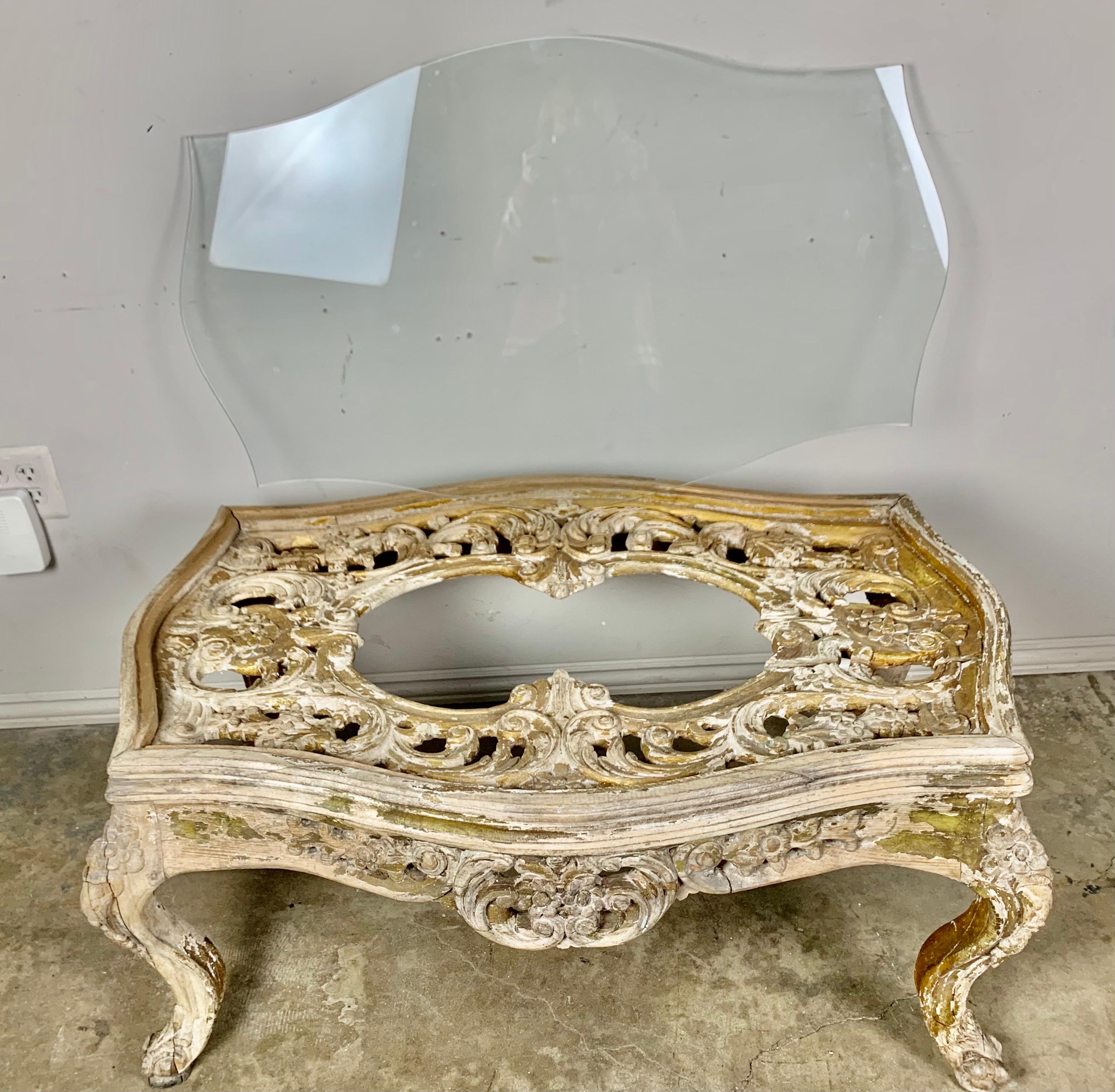 Carved French Rococo Style Carved Wood Tea Table with Glass Top 1