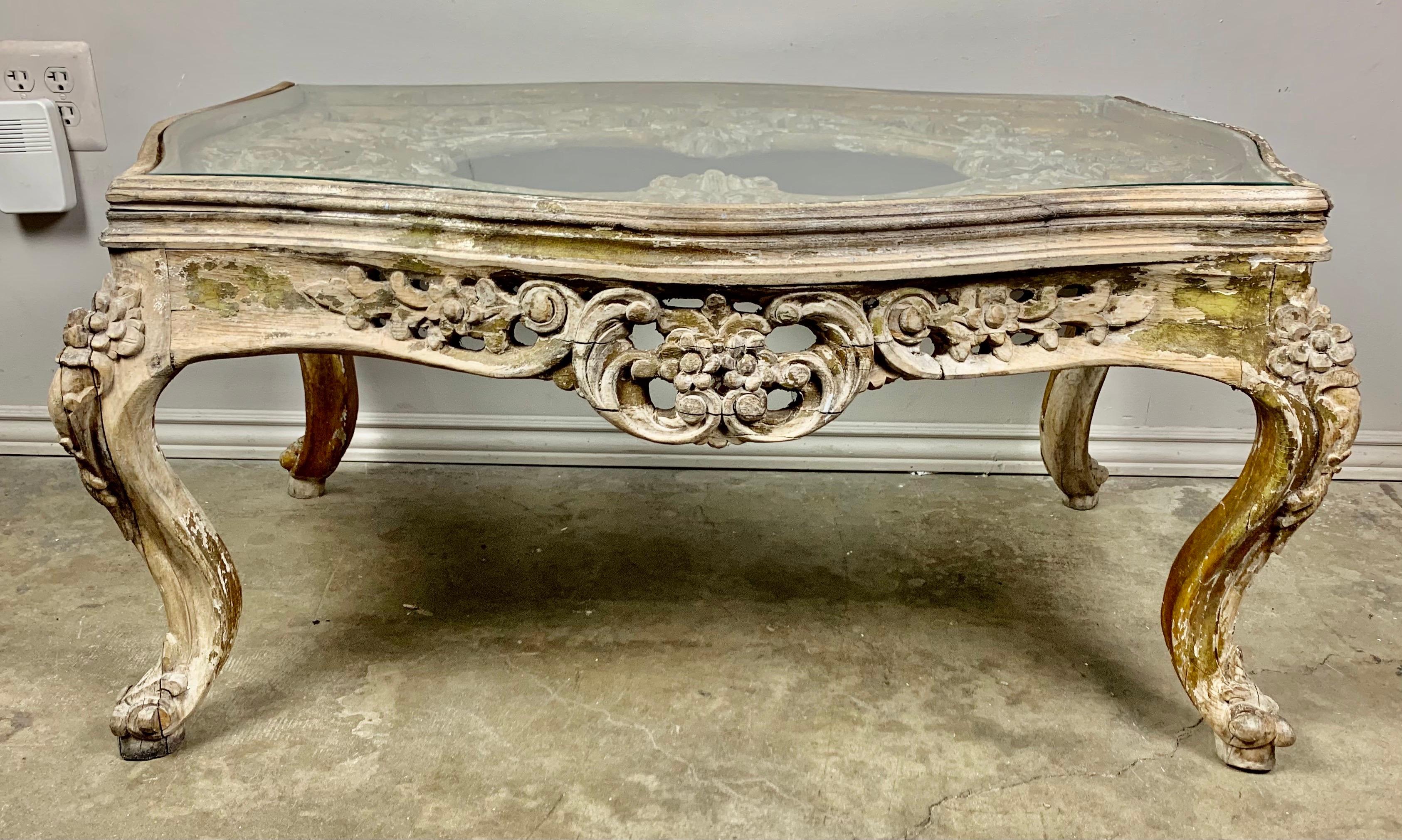 Early 20th Century Carved French Rococo Style Carved Wood Tea Table with Glass Top