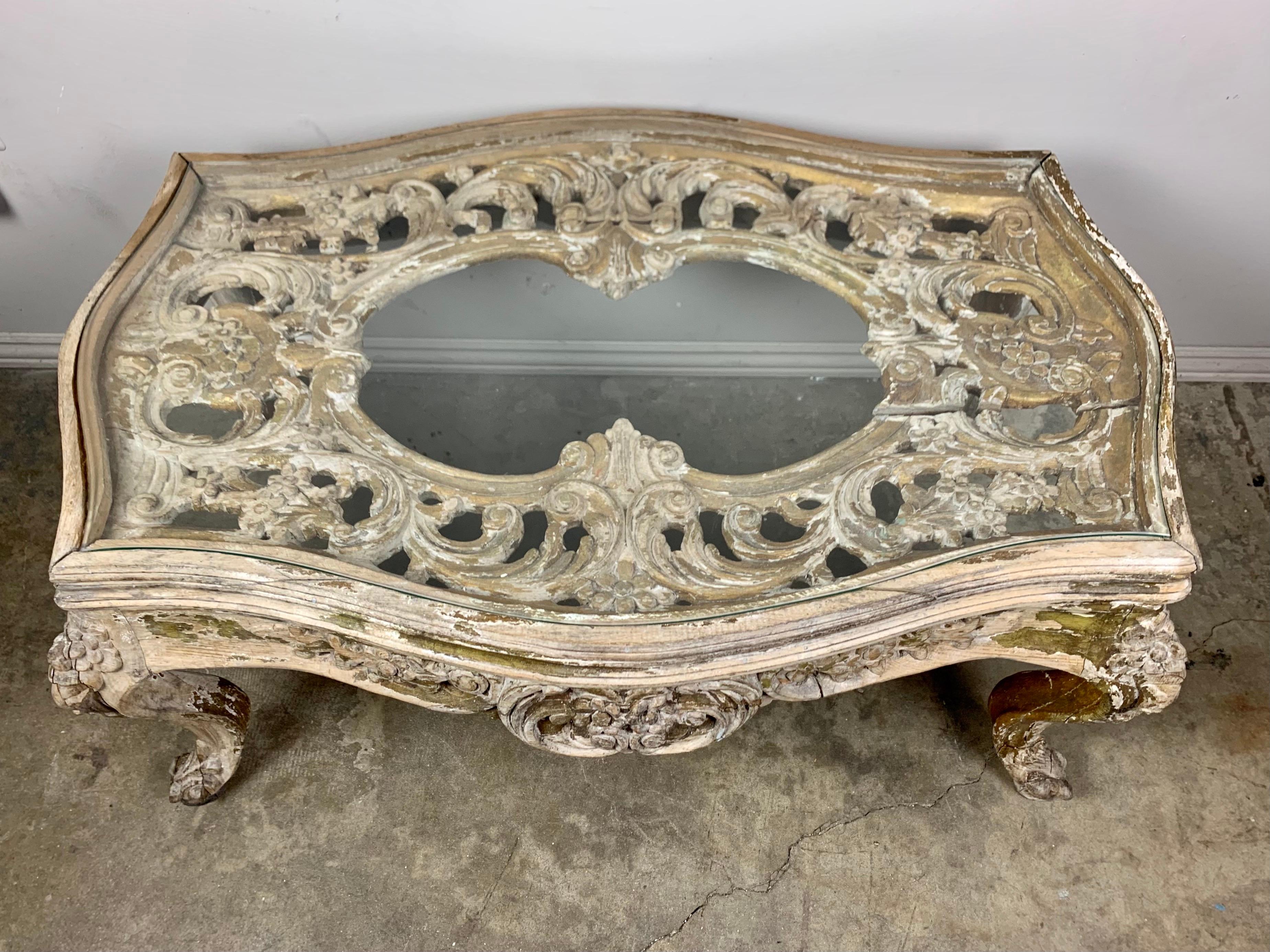 Carved French Rococo Style Carved Wood Tea Table with Glass Top 2