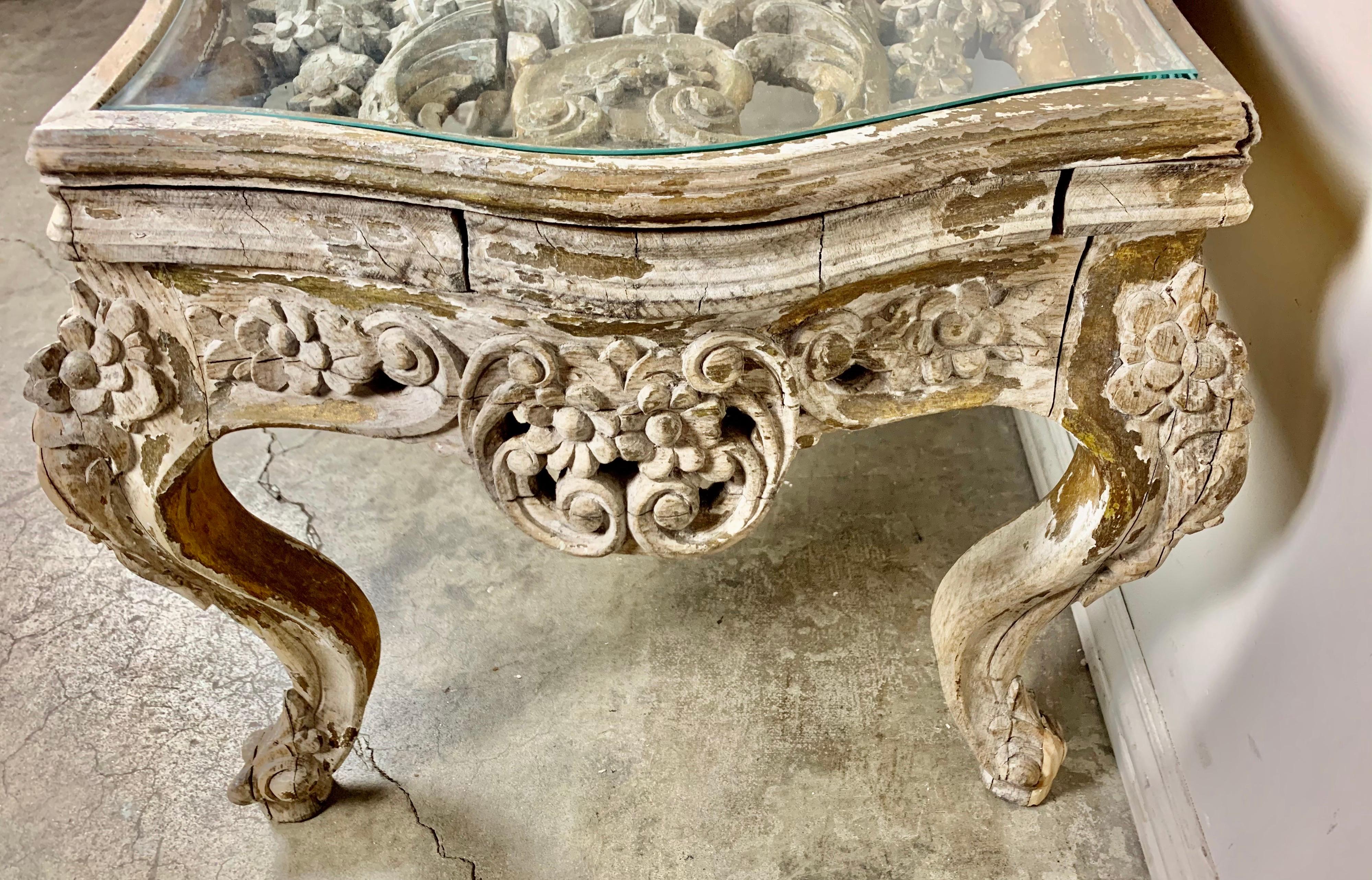Carved French Rococo Style Carved Wood Tea Table with Glass Top 3