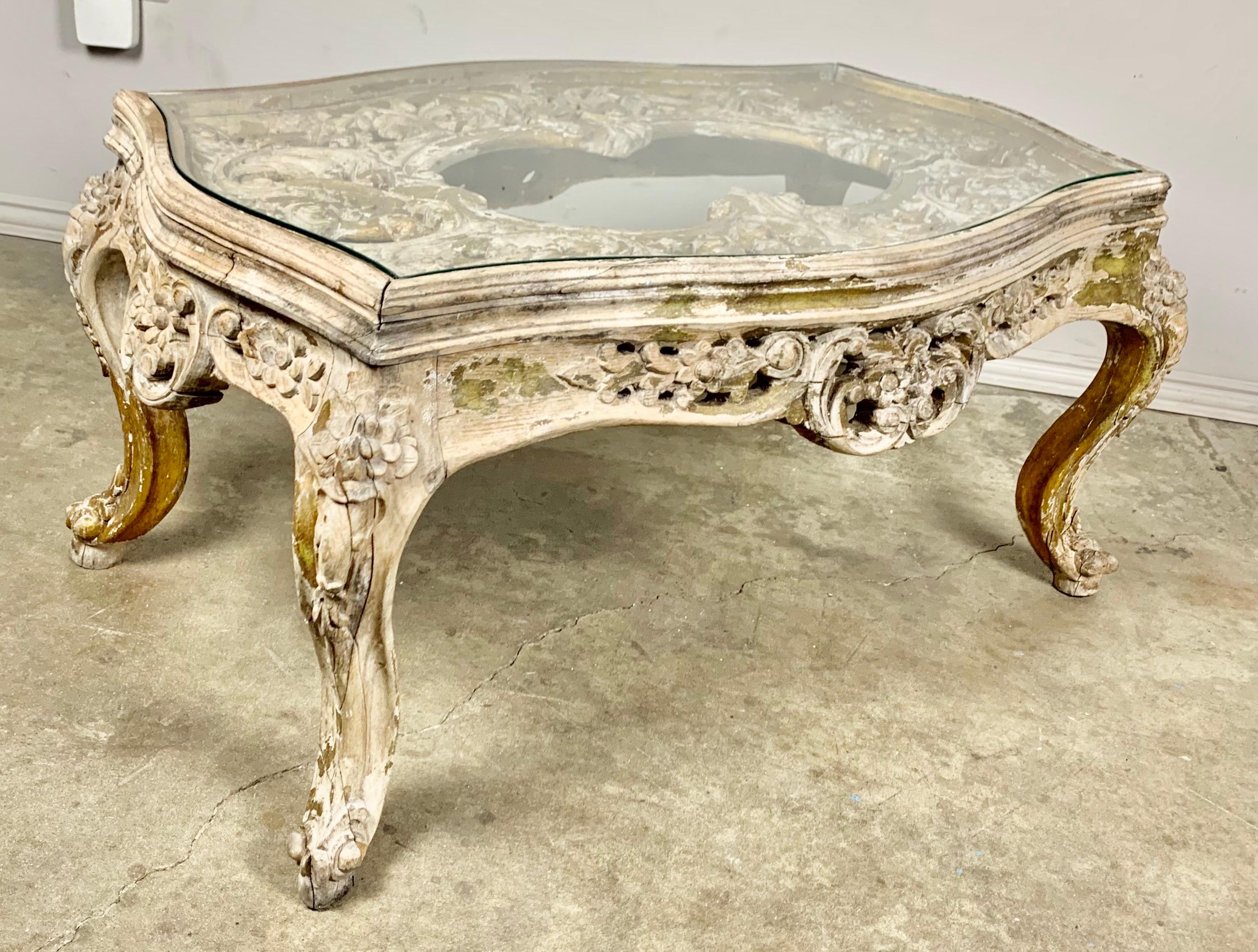 Carved French Rococo Style Carved Wood Tea Table with Glass Top In Distressed Condition In Los Angeles, CA