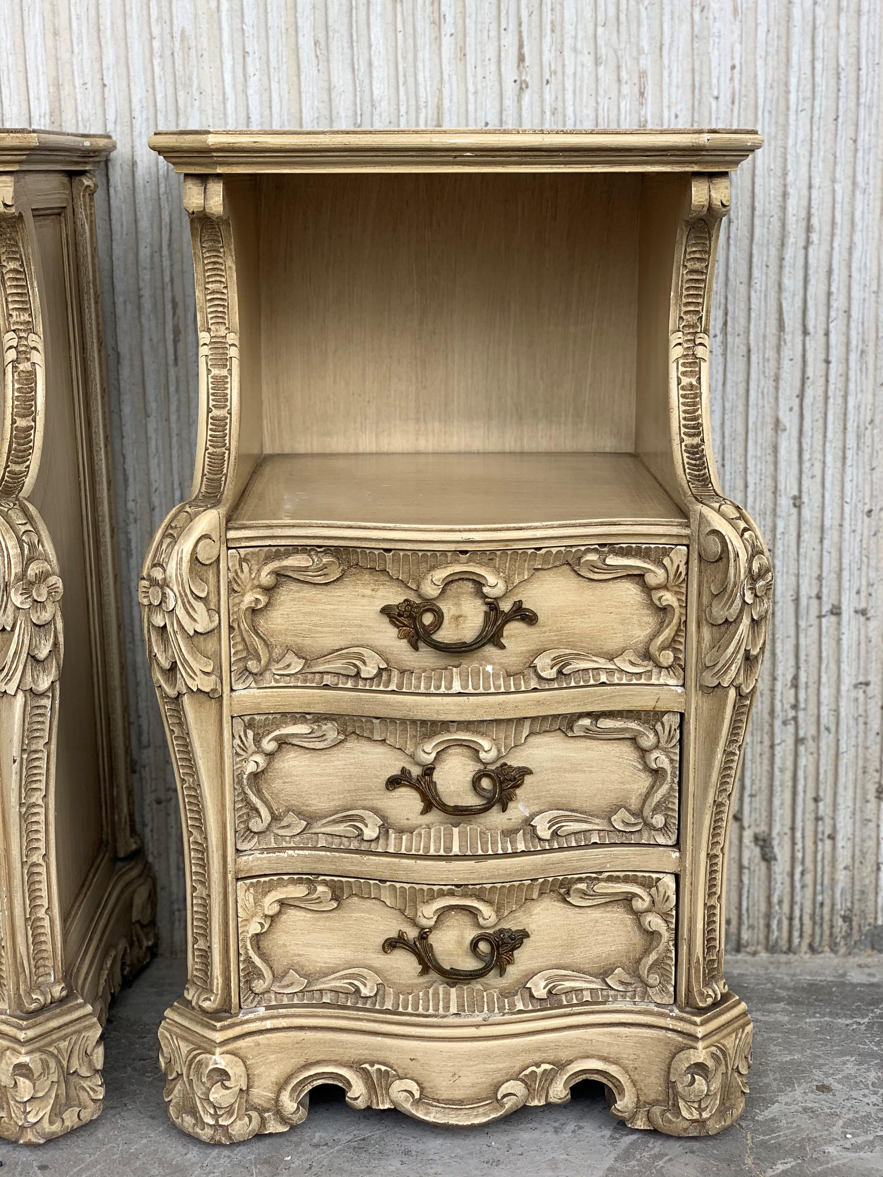 20th Century Carved French Rococo Style Pair of Nightstands with Open Shelve, circa 1930s For Sale
