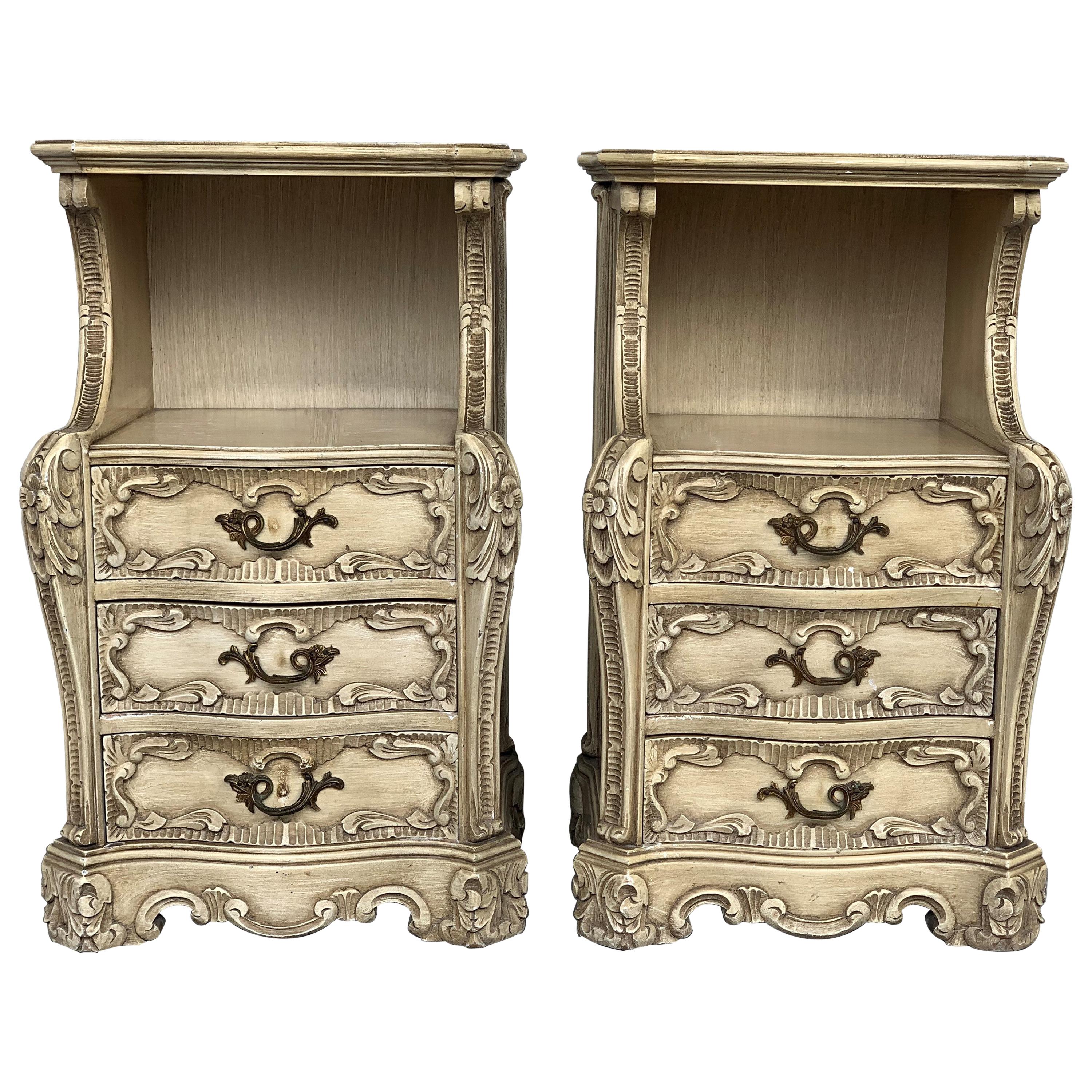 Carved French Rococo Style Pair of Nightstands with Open Shelve, circa 1930s For Sale