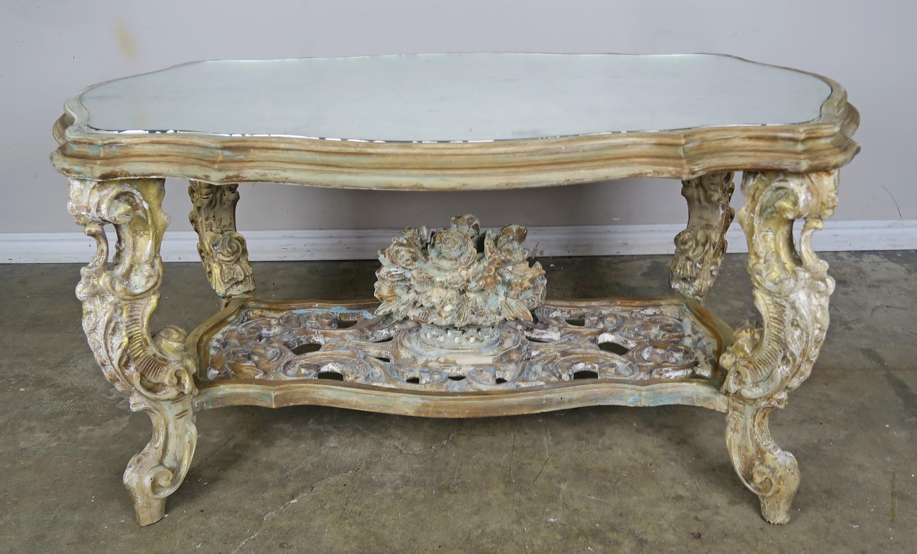 Hand-Carved Carved French Rococo Style Tea Table with Silvered Mirror Top, circa 1930s