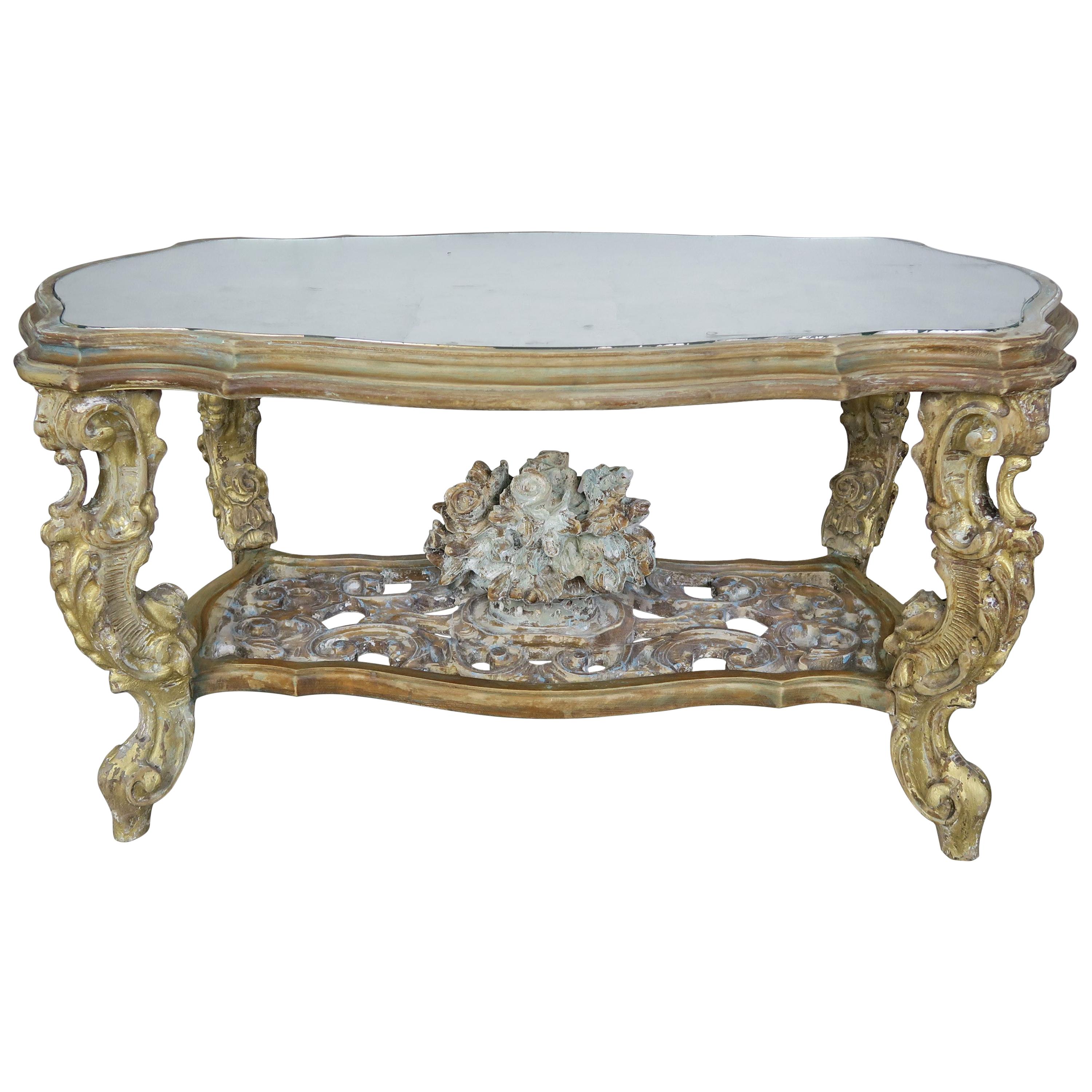 Carved French Rococo Style Tea Table with Silvered Mirror Top, circa 1930s