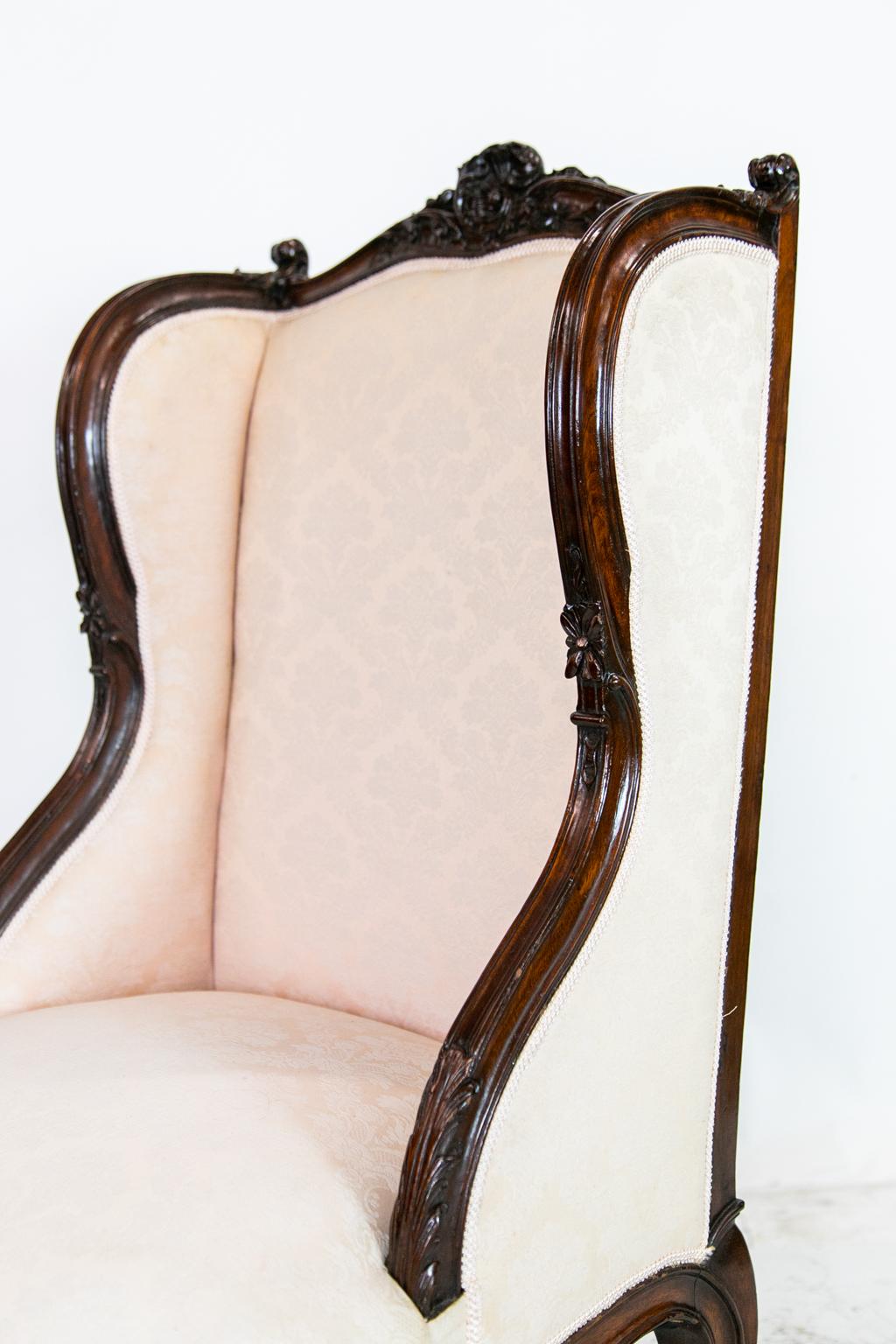 Fabric Carved French Slipper Armchair For Sale
