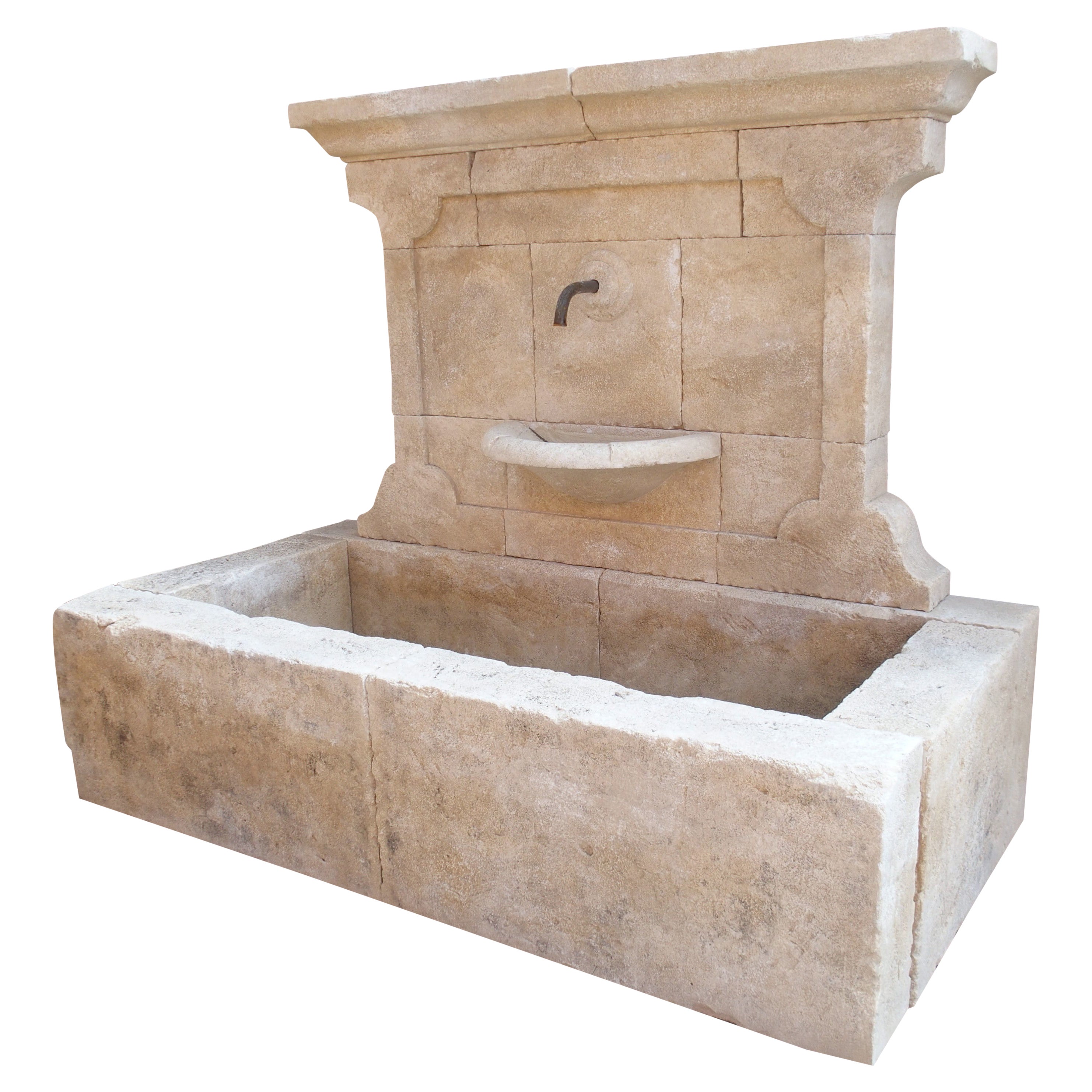 Carved French Stone Wall Fountain with Cast Iron Spout and Spill Bowl