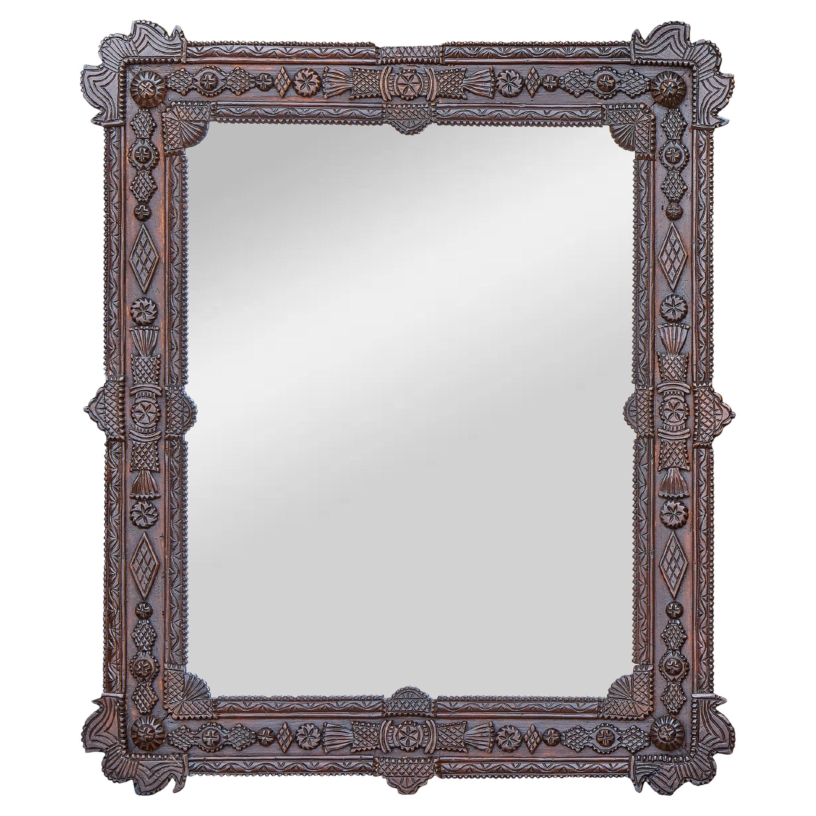 Carved French Tramp Art Mirror with Geometric Motifs, circa 1900