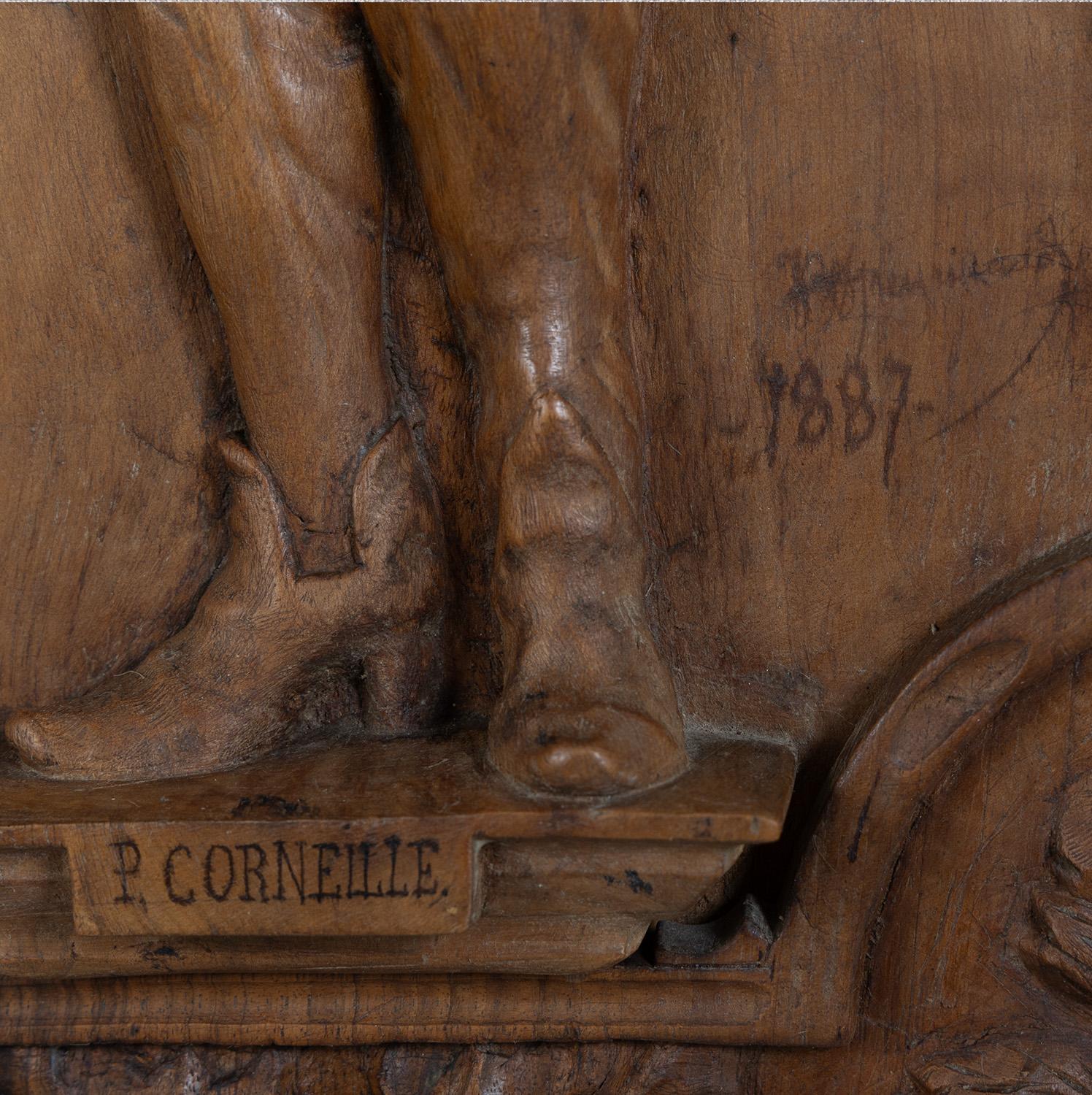 Geschnitzte Tafel aus französischem Nussbaumholz - Dramatiker Pierre Corneille (1606-1684), datiert 1887 (Walnuss) im Angebot